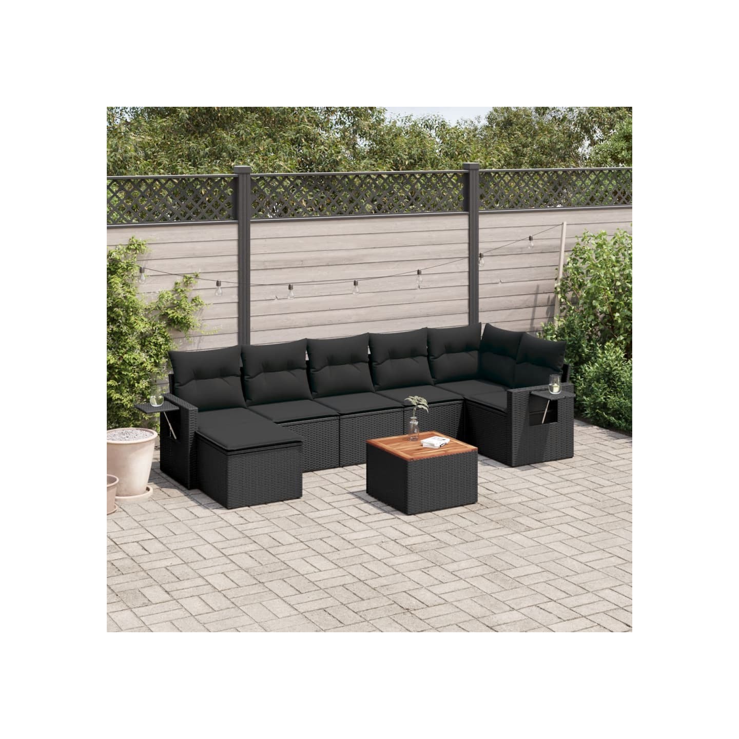 Salon de jardin 8 pcs avec coussins noir résine tressée