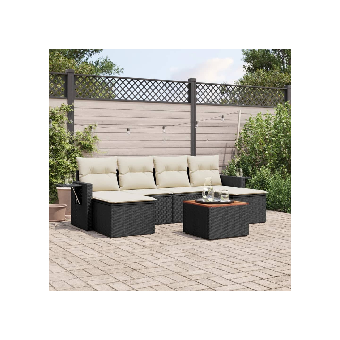 Salon de jardin 7 pcs avec coussins noir résine tressée