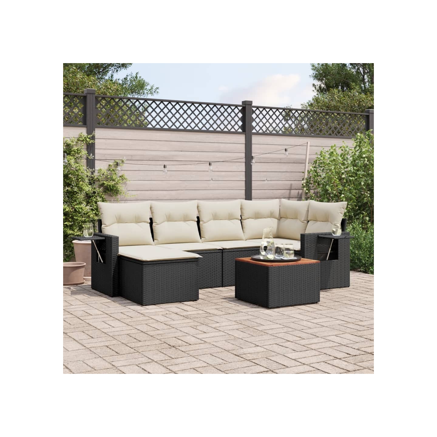 Salon de jardin 7 pcs avec coussins noir résine tressée