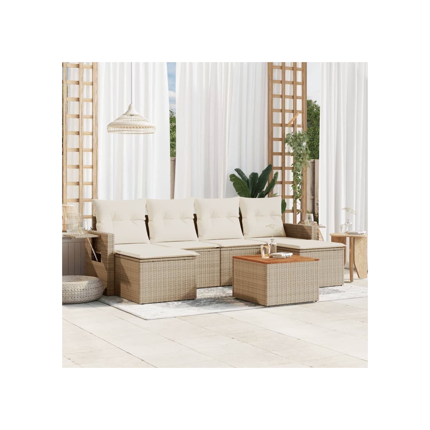 Salon de jardin avec coussins 7 pcs beige résine tressée
