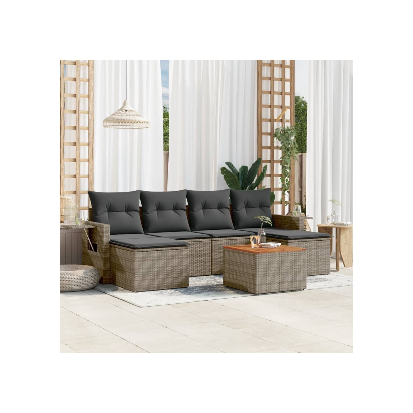 Salon de jardin avec coussins 7 pcs gris résine tressée