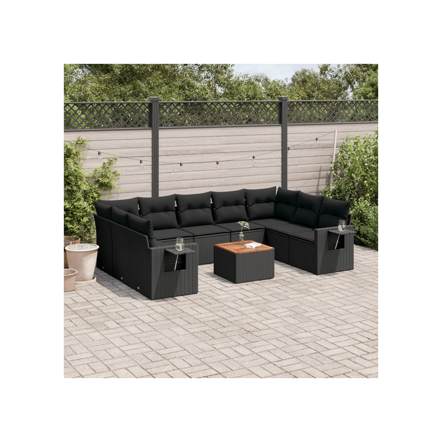 Salon de jardin 10 pcs avec coussins noir résine tressée