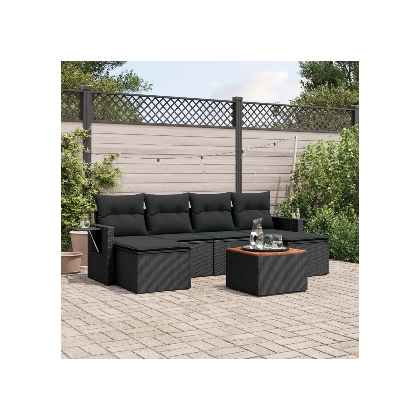 Salon de jardin 7 pcs avec coussins noir résine tressée