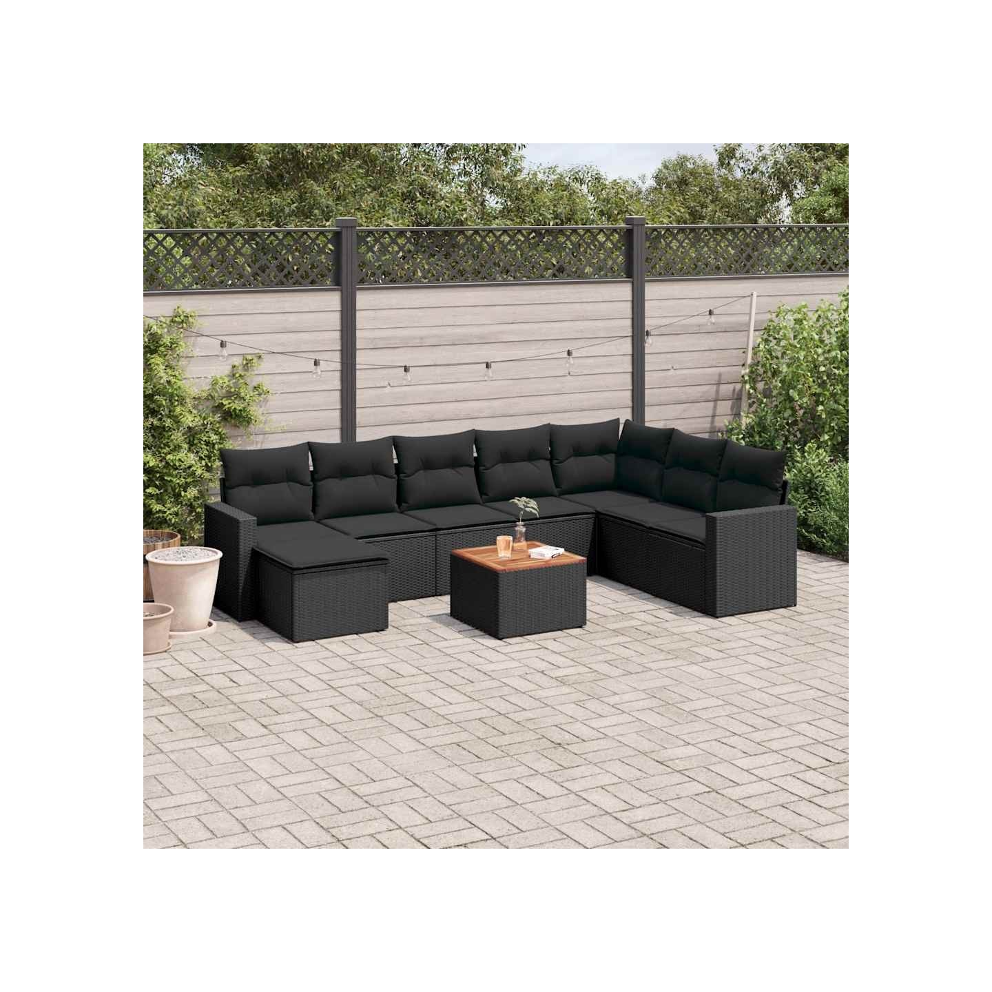 Salon de jardin 9 pcs avec coussins noir résine tressée