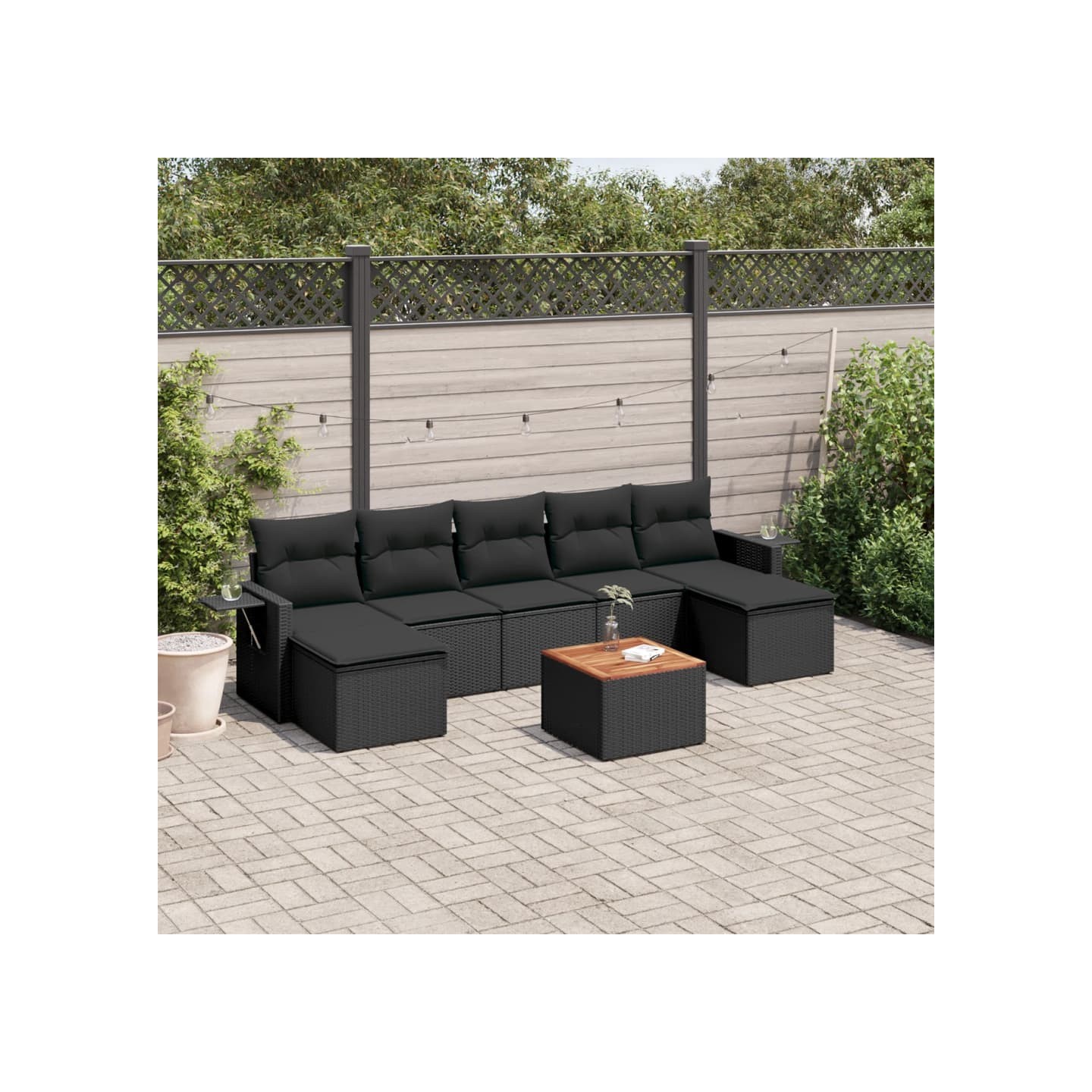 Salon de jardin 8 pcs avec coussins noir résine tressée