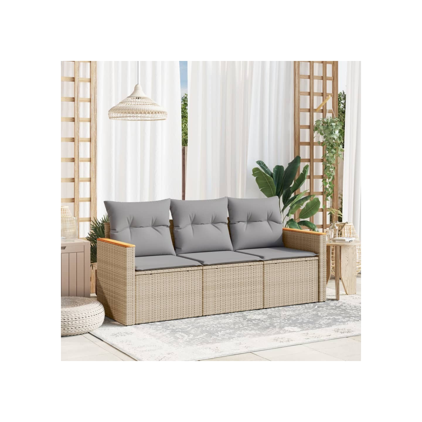 Salon de jardin avec coussins 3 pcs beige résine tressée