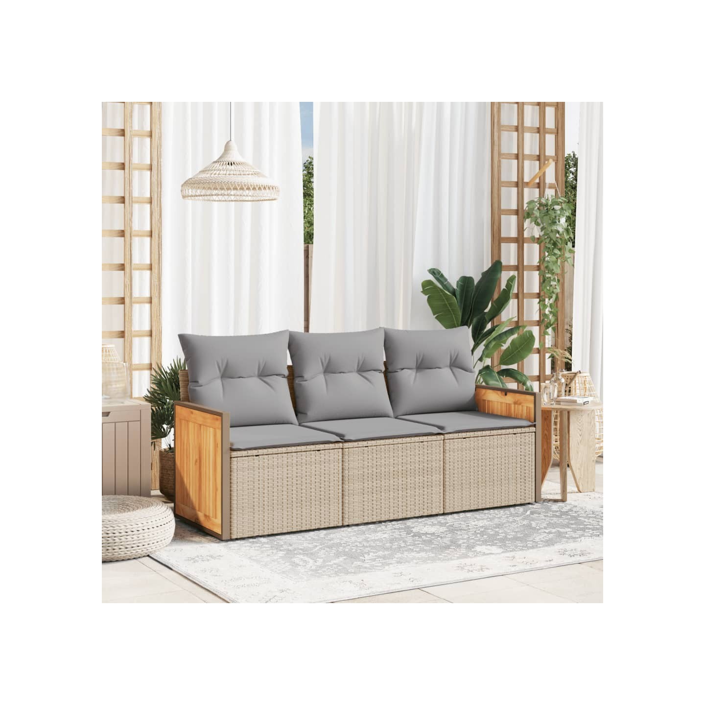 Salon de jardin avec coussins 3 pcs beige résine tressée