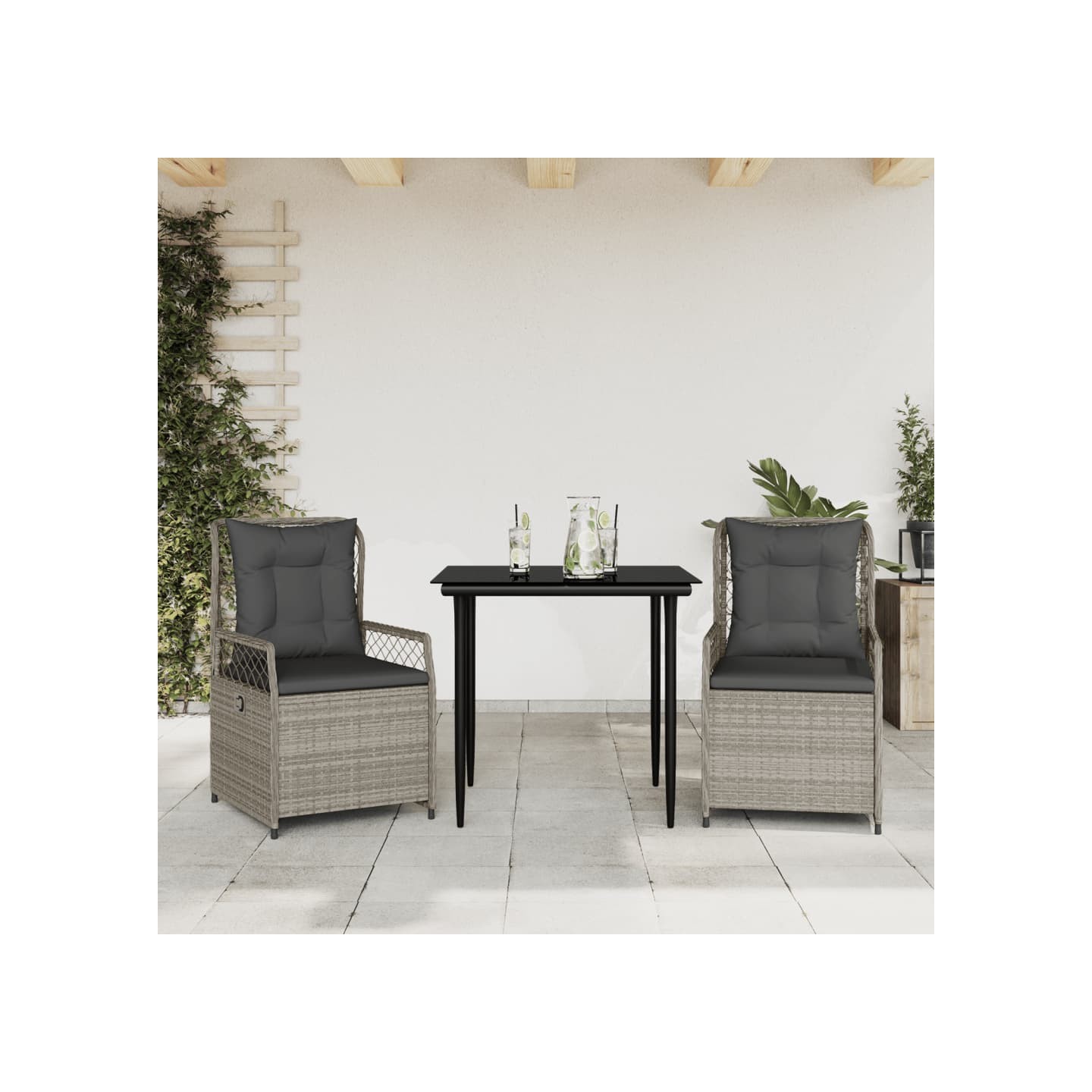 Ensemble à manger de jardin 3pcs coussins gris clair poly rotin