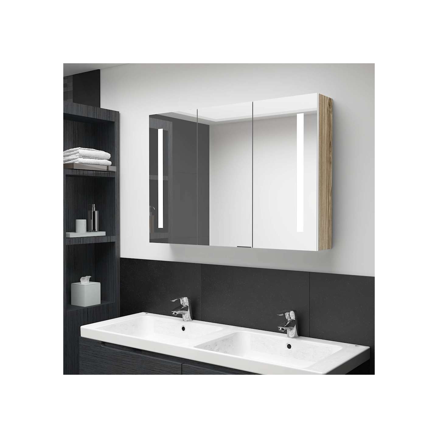 Armoire de salle de bain à miroir LED 89x14x62cm blanc et chêne
