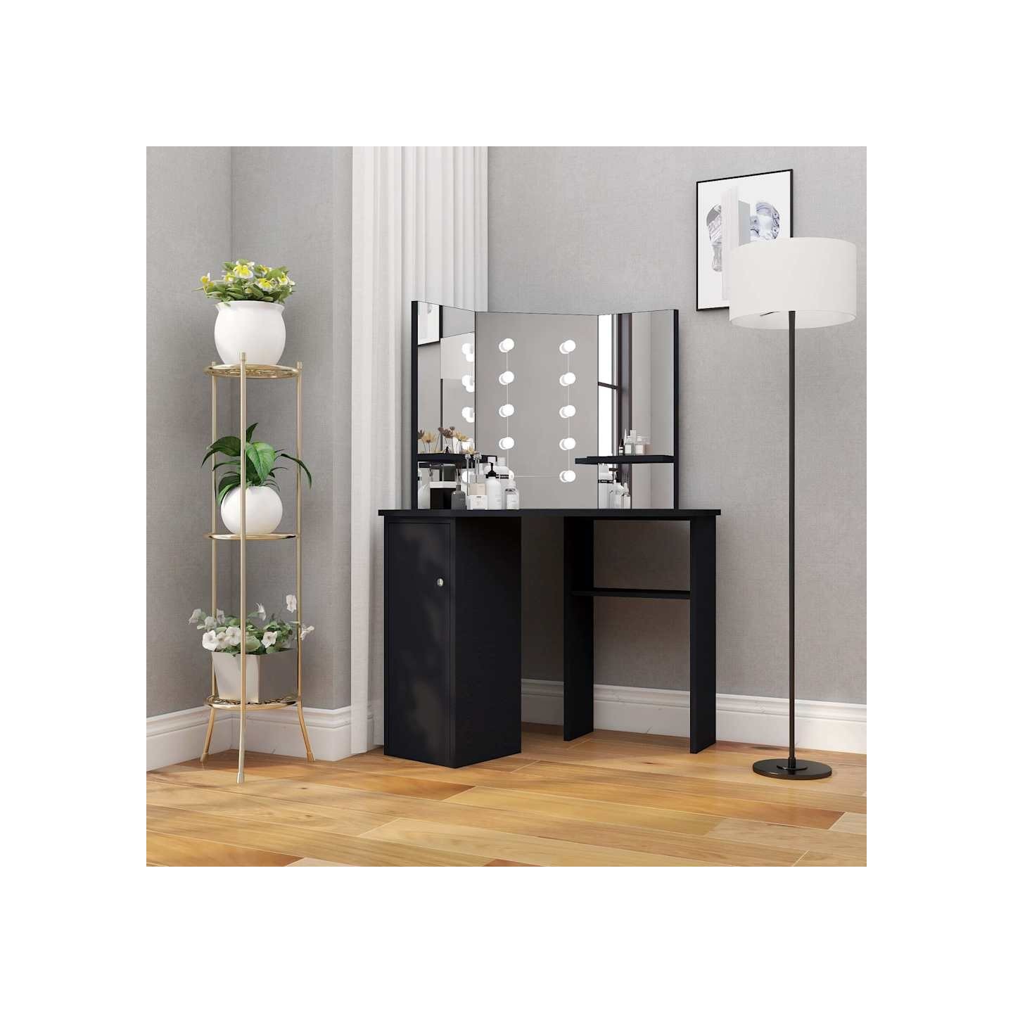 Coiffeuse d'angle avec LED Noir 111x54x141,5 cm