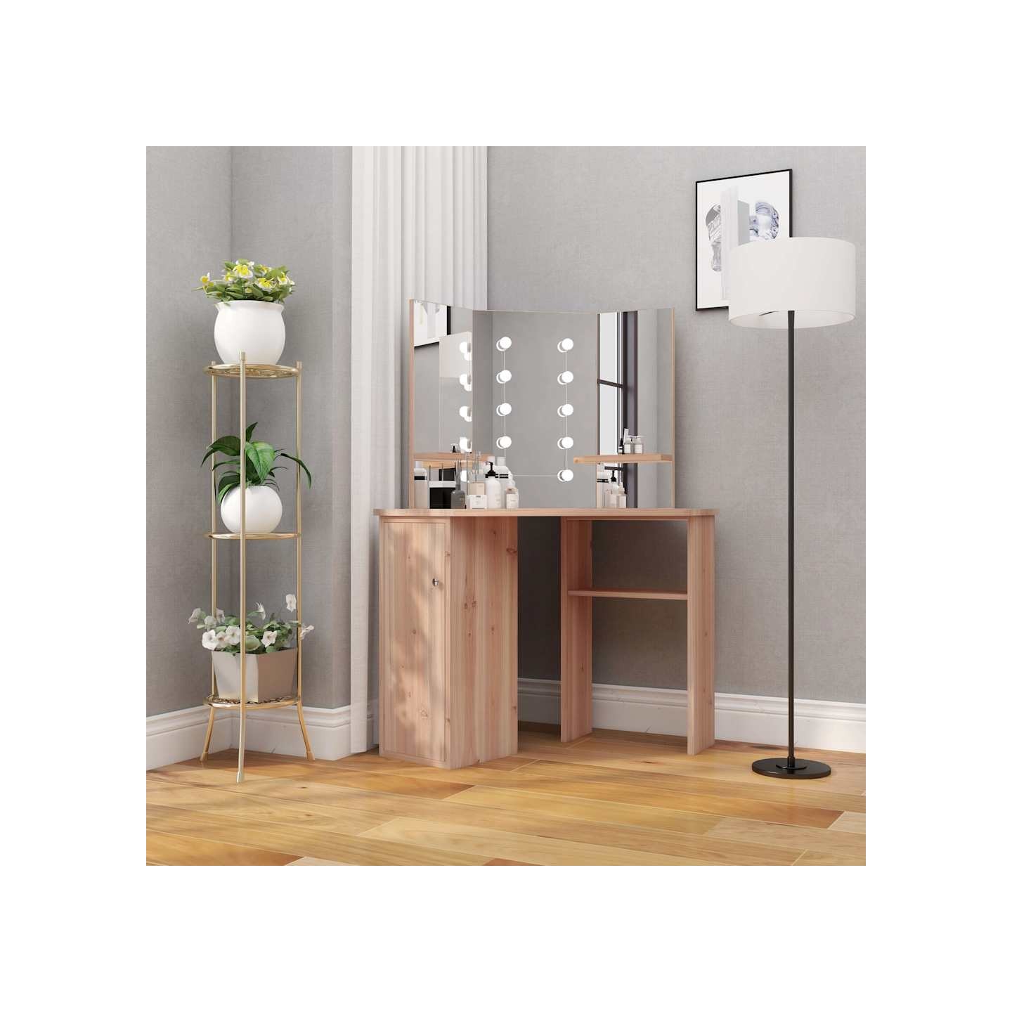 Coiffeuse d'angle avec LED Chêne 111x54x141,5 cm