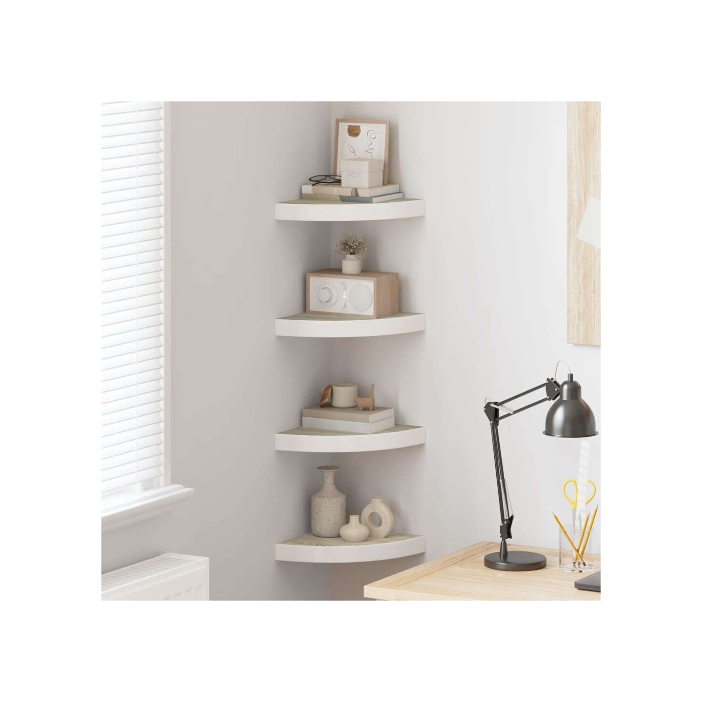 Étagères d'angle murales 4 pcs Chêne et blanc 25x25x3,8 cm MDF