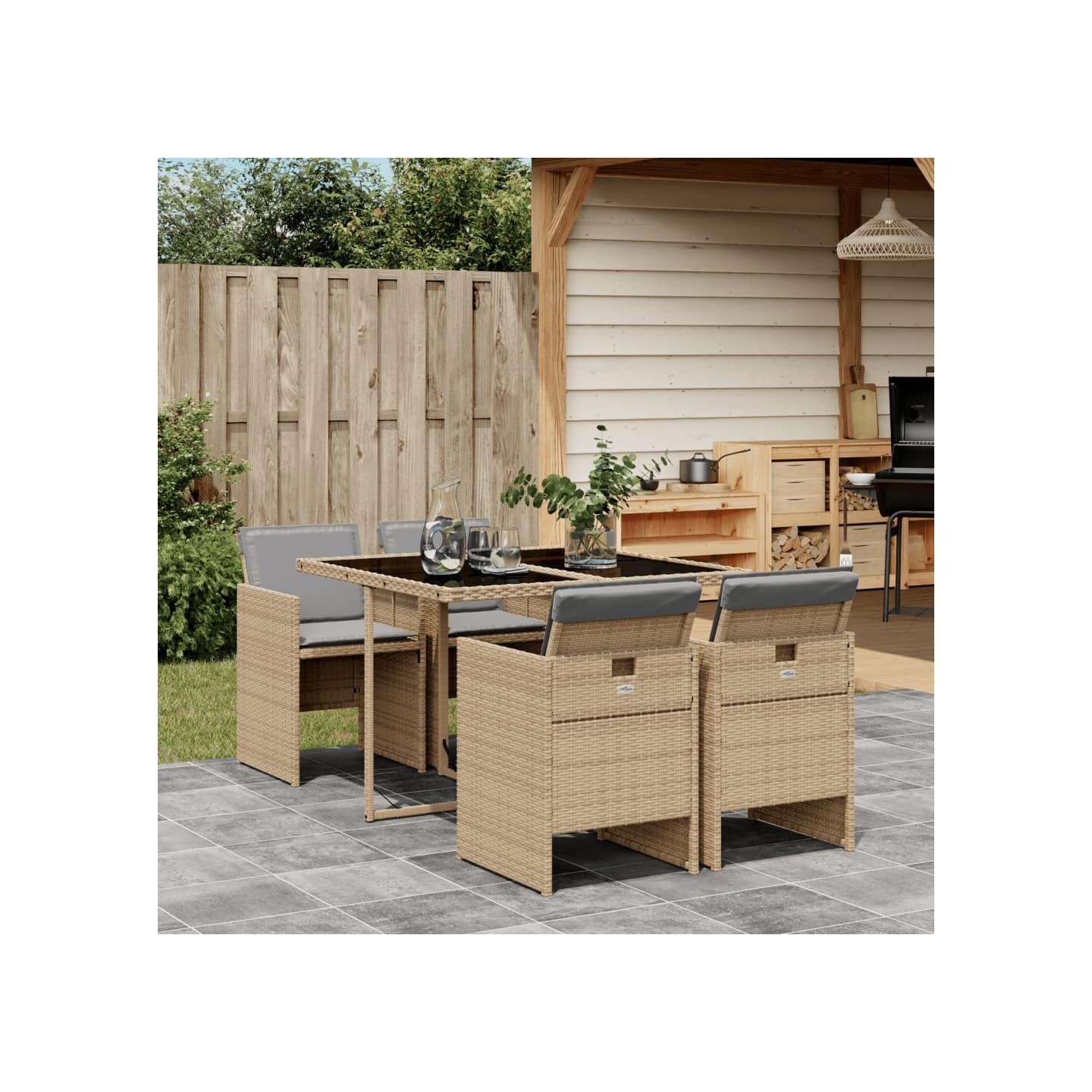 Ensemble à manger de jardin coussins 5 pcs mélange beige rotin