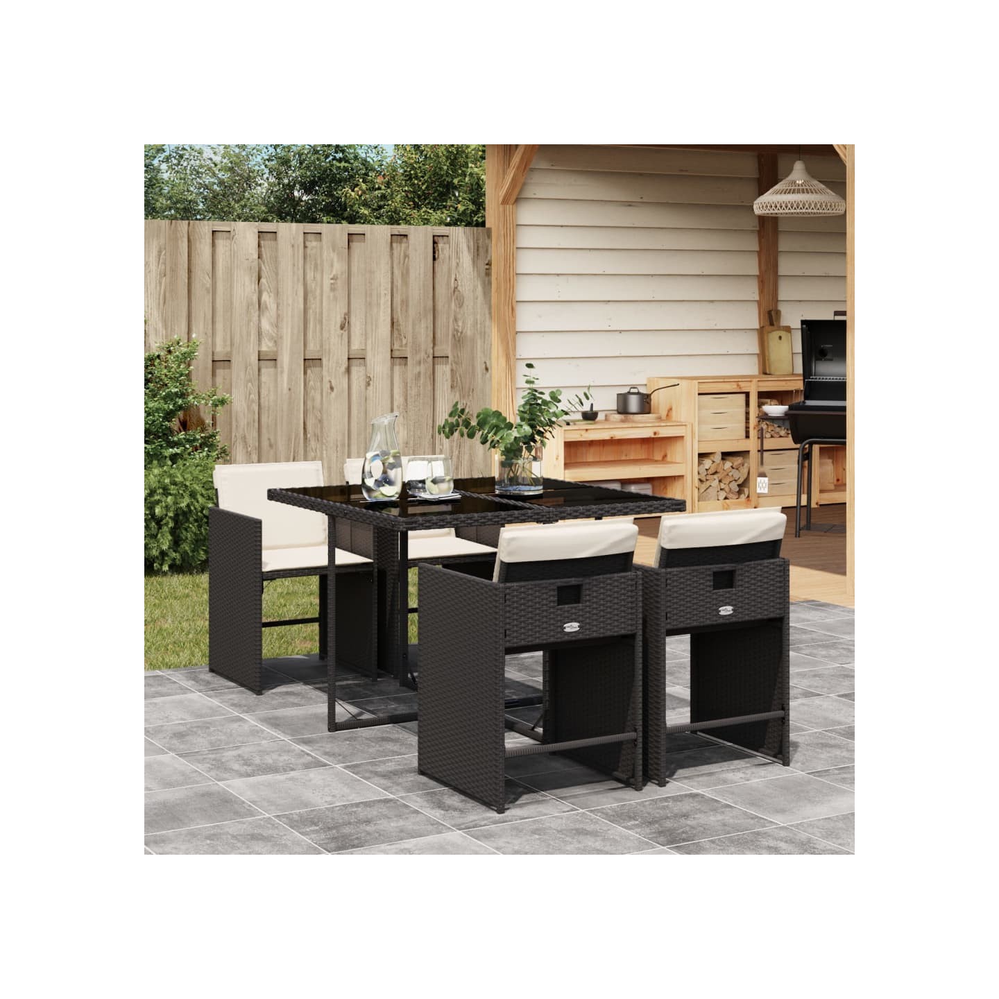 Ensemble à manger de jardin coussins 5pcs Noir Résine tressée