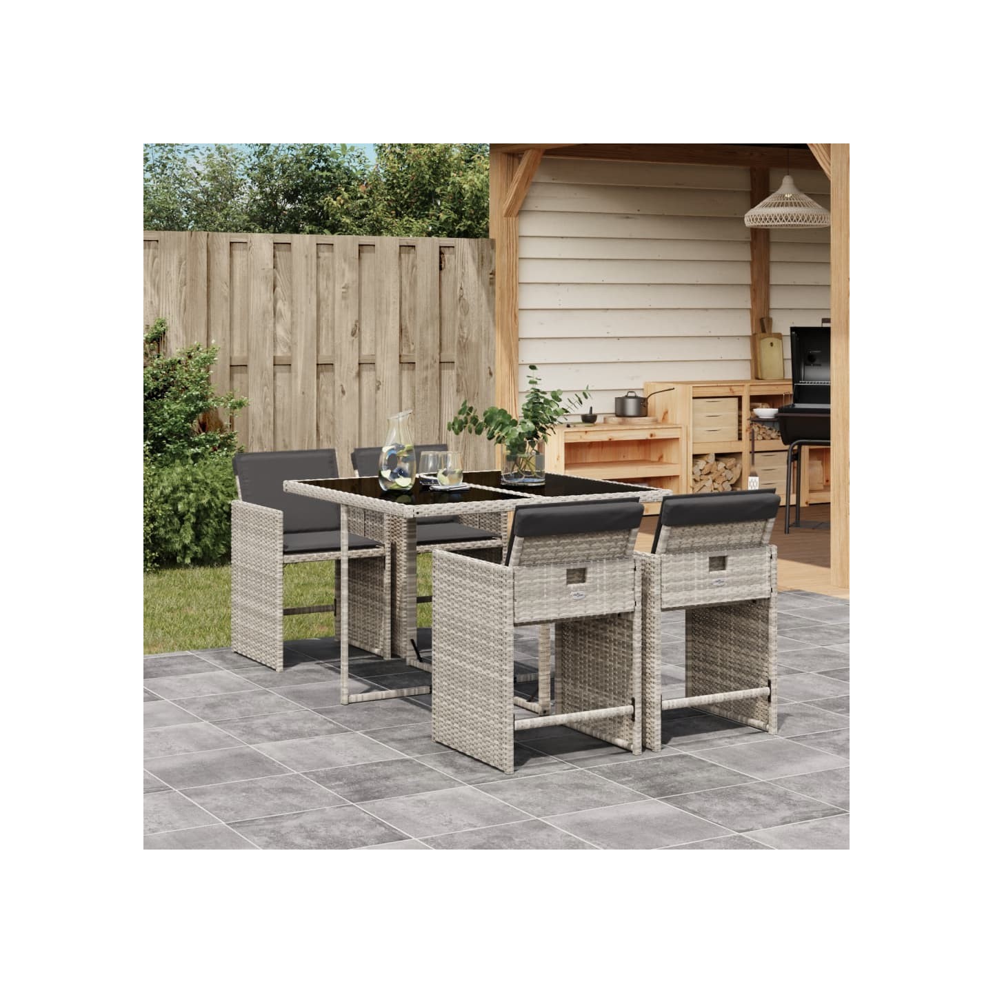 Ensemble à manger de jardin et coussins 5 pcs gris clair rotin