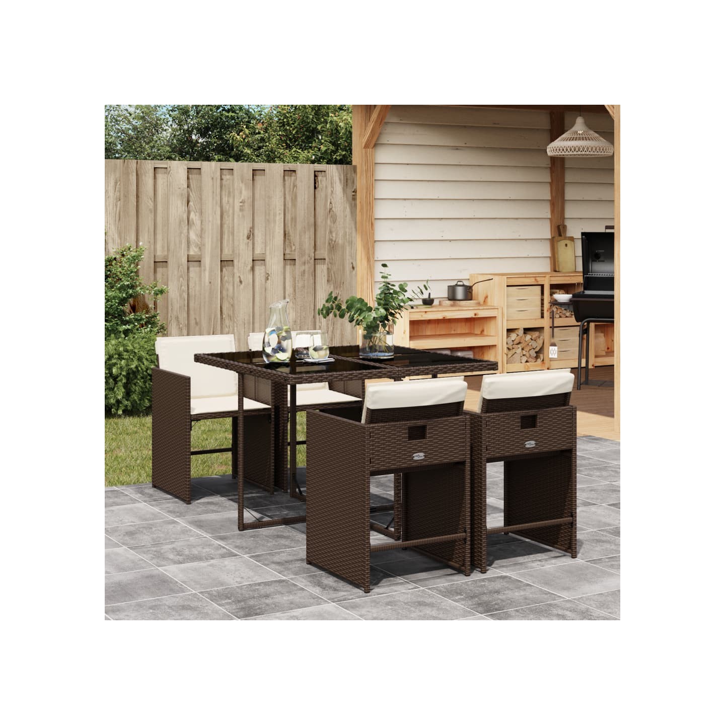 Ensemble à manger de jardin 5 pcs et coussins marron poly rotin