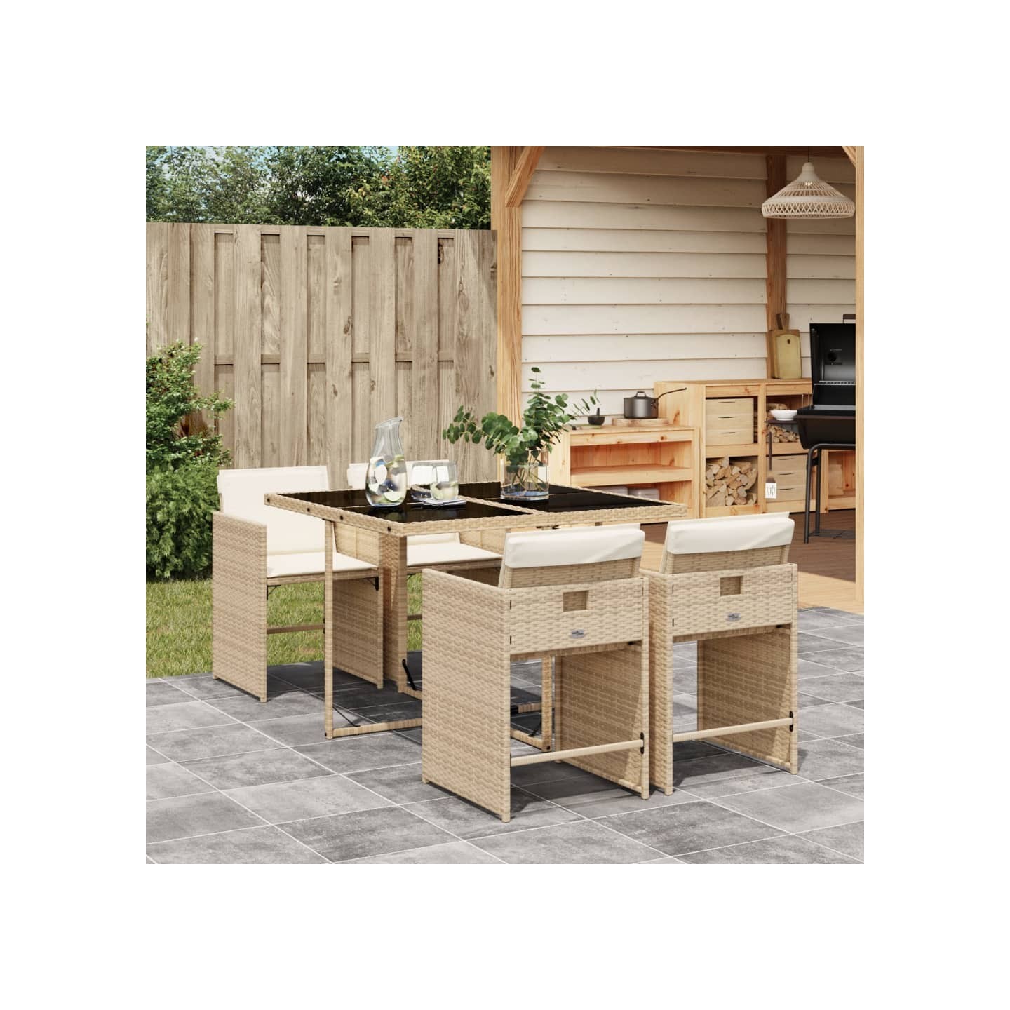 Ensemble à manger de jardin avec coussins 5pcs Beige poly rotin