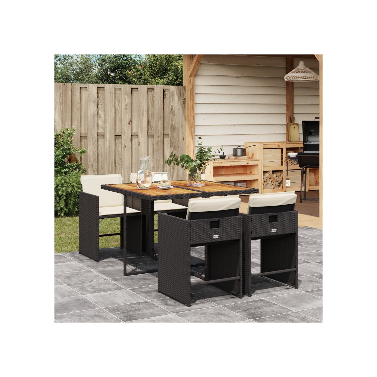 Ensemble à manger de jardin coussins 5pcs Noir Résine tressée