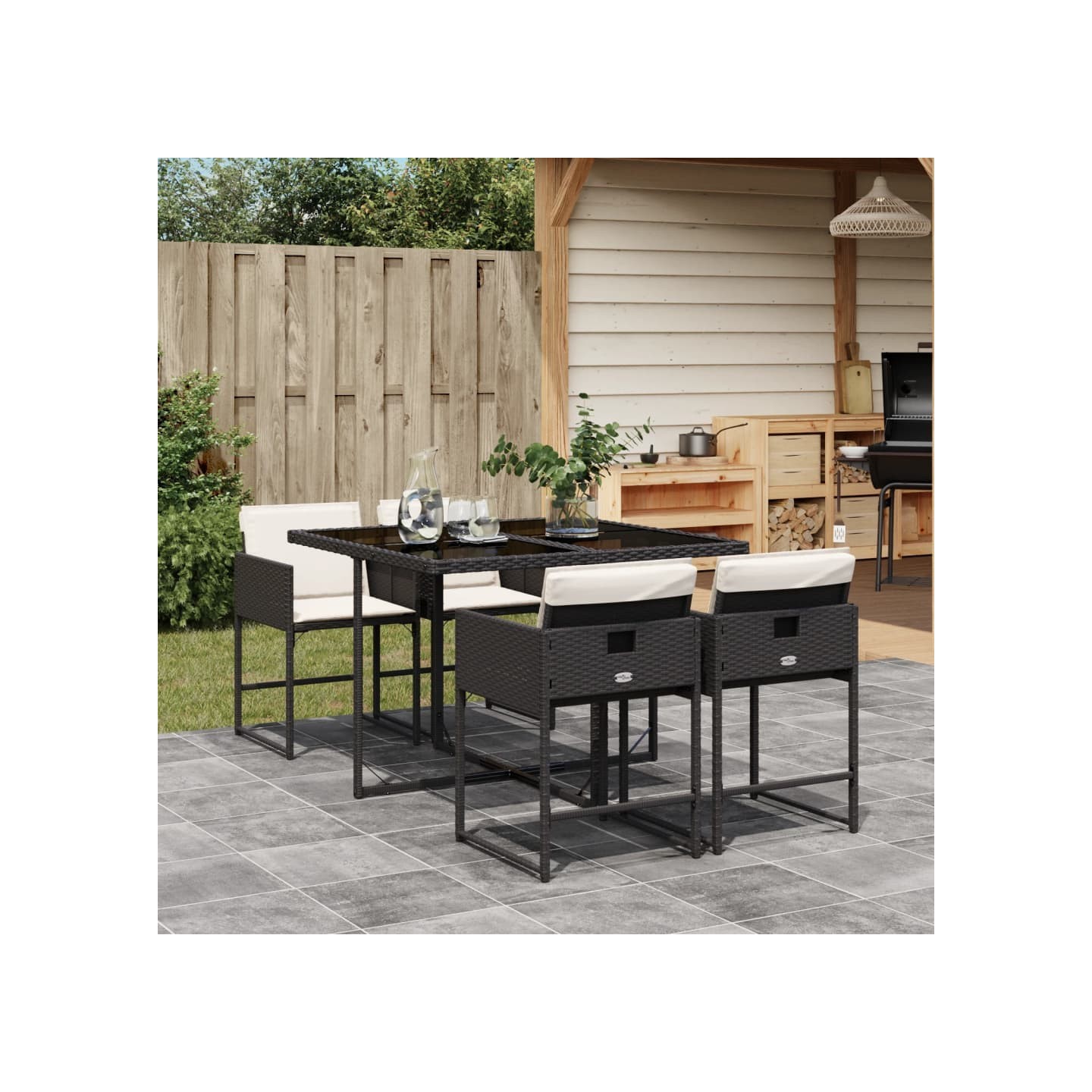 Ensemble à manger de jardin coussins 5pcs Noir Résine tressée