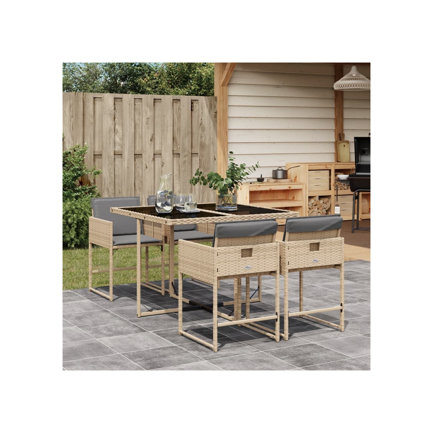 Ensemble à manger de jardin coussins 5 pcs mélange beige rotin