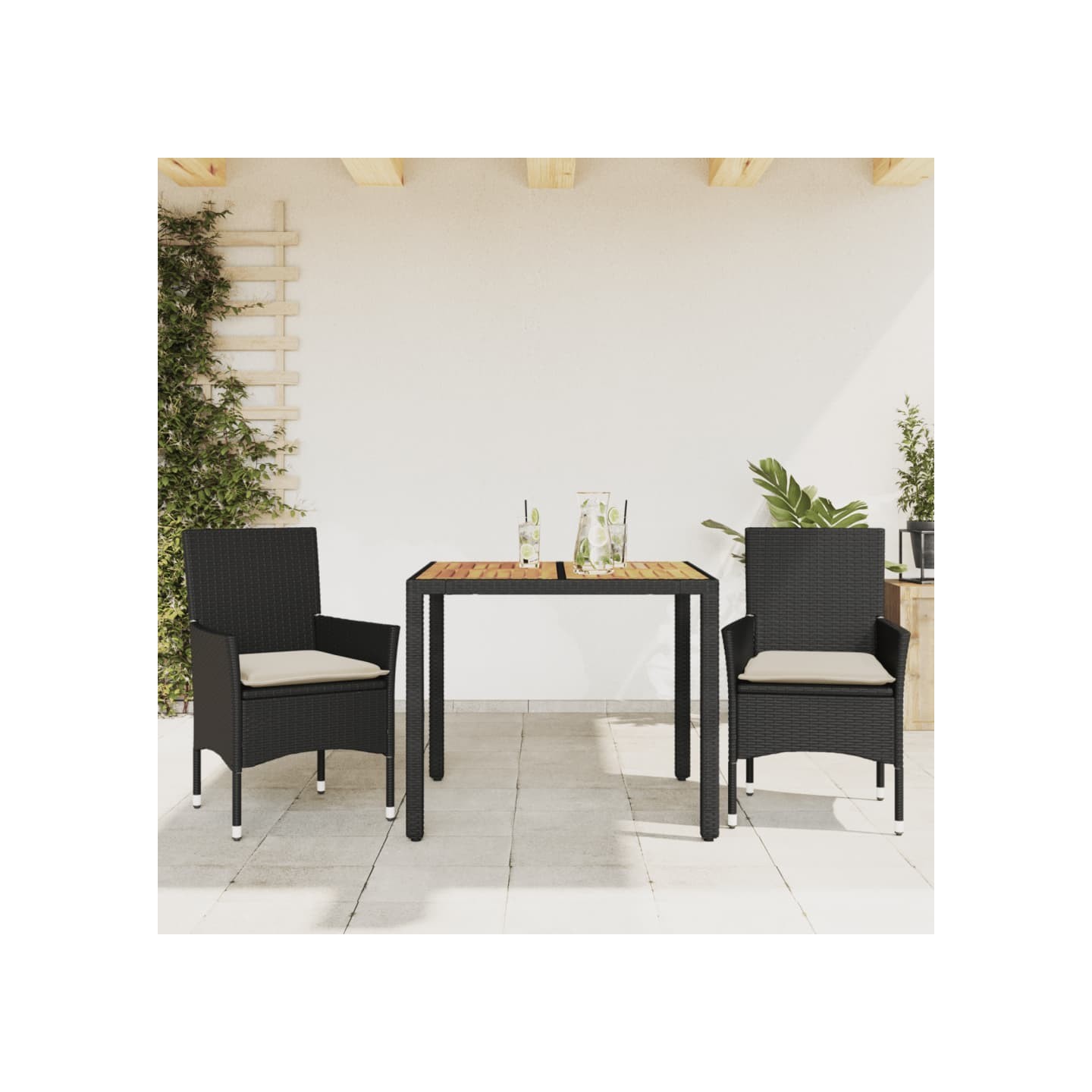 Ensemble à manger de jardin et coussins 3 pcs noir rotin acacia