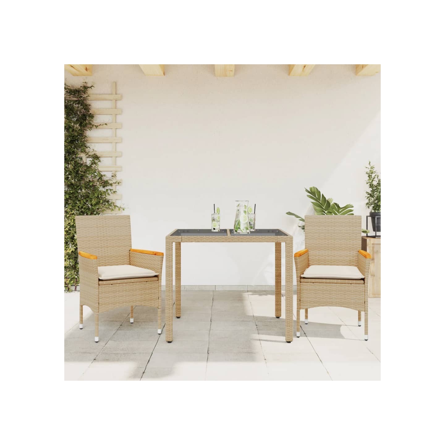 Ensemble à manger de jardin et coussins 3 pcs beige rotin verre