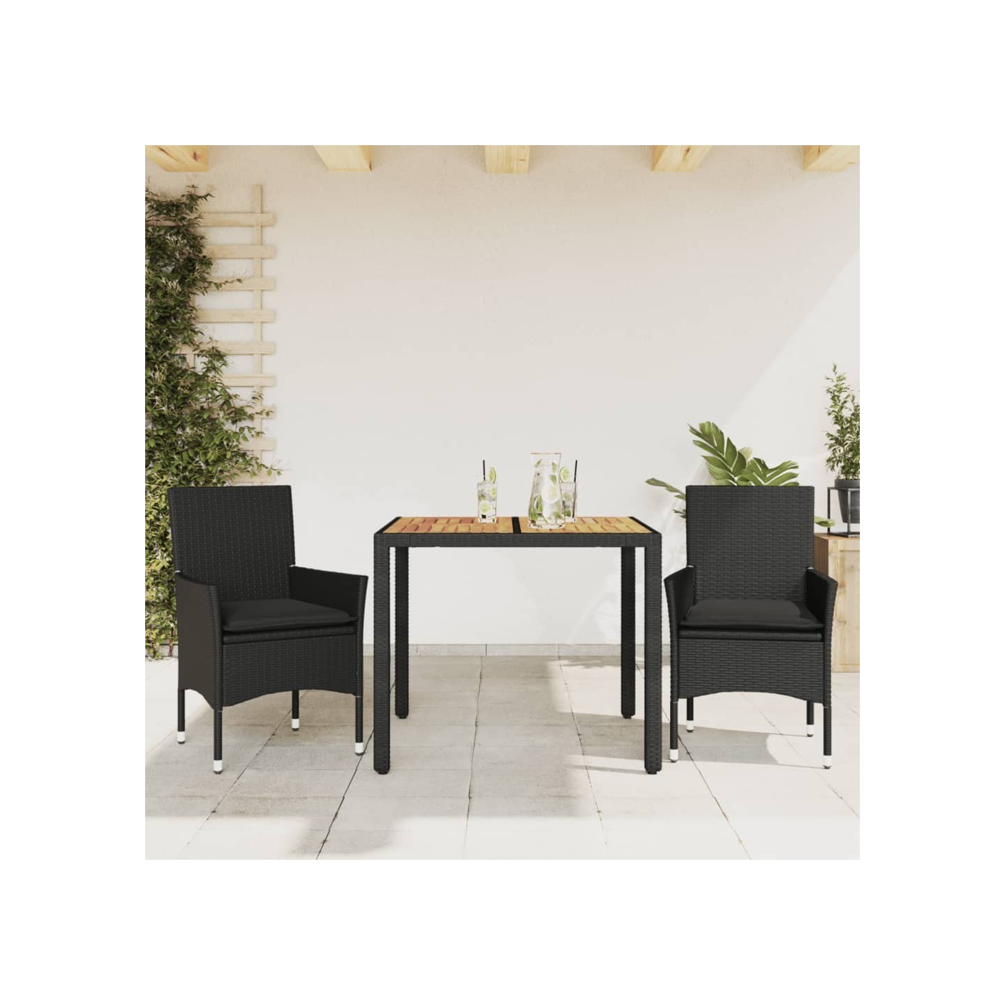 Ensemble à manger de jardin et coussins 3 pcs noir rotin acacia