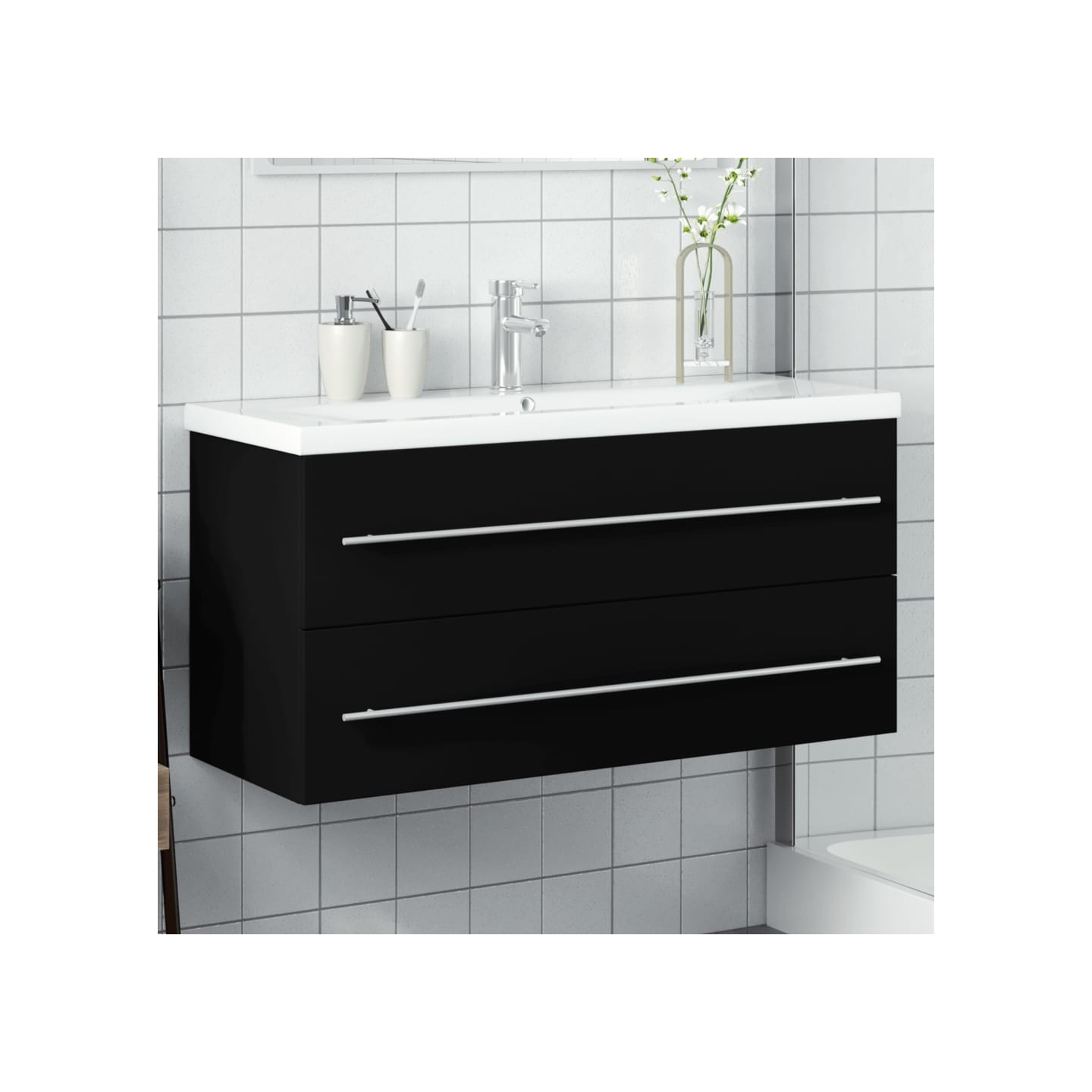 Armoire lavabo de salle de bain avec bassin intégré noir