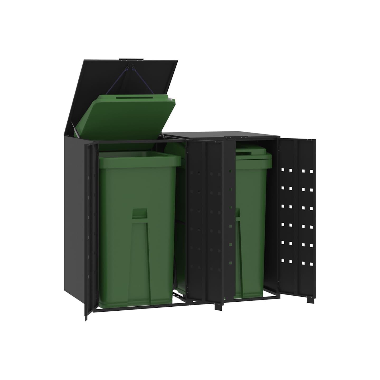 Rangement à roulettes pour poubelles pour 2 bacs noir acier