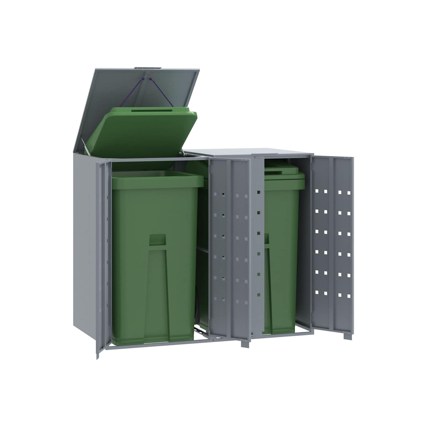 Rangement à roulettes pour poubelles pour 2 bacs gris acier