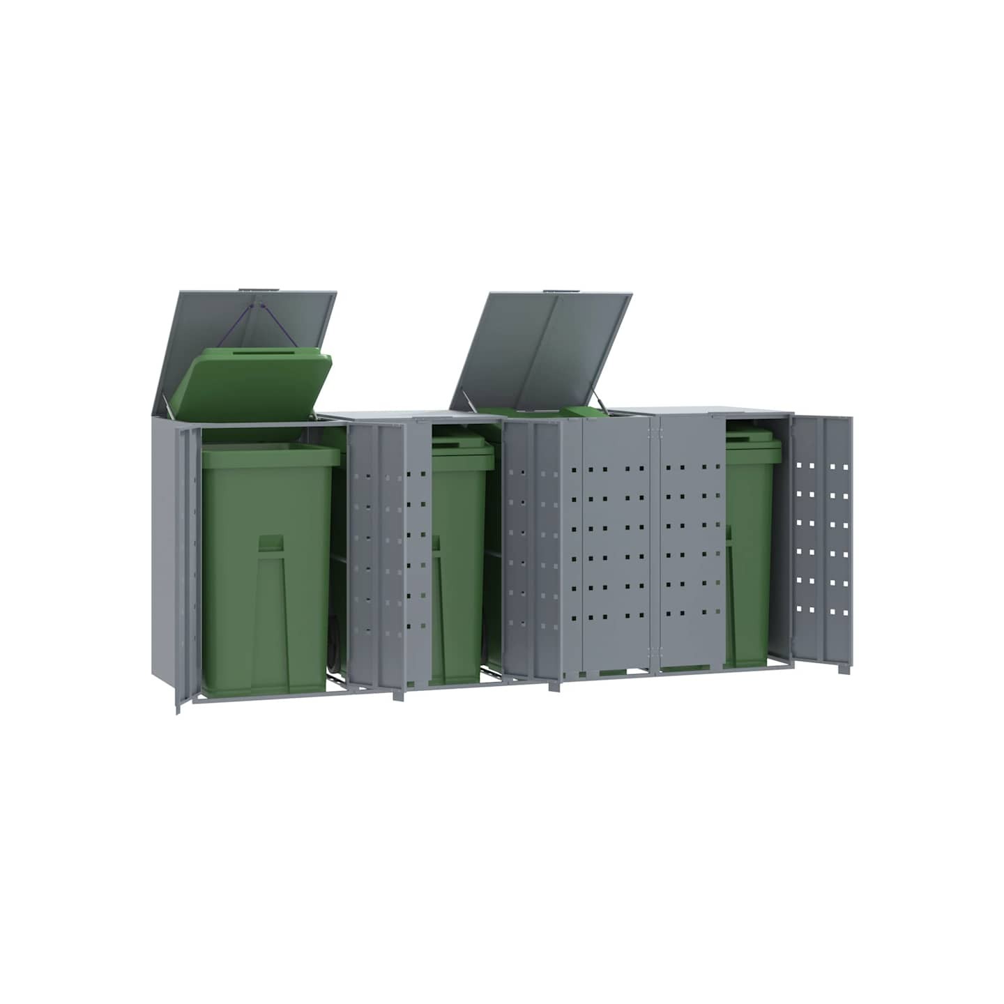 Rangement à roulettes pour poubelles pour 4 bacs gris acier