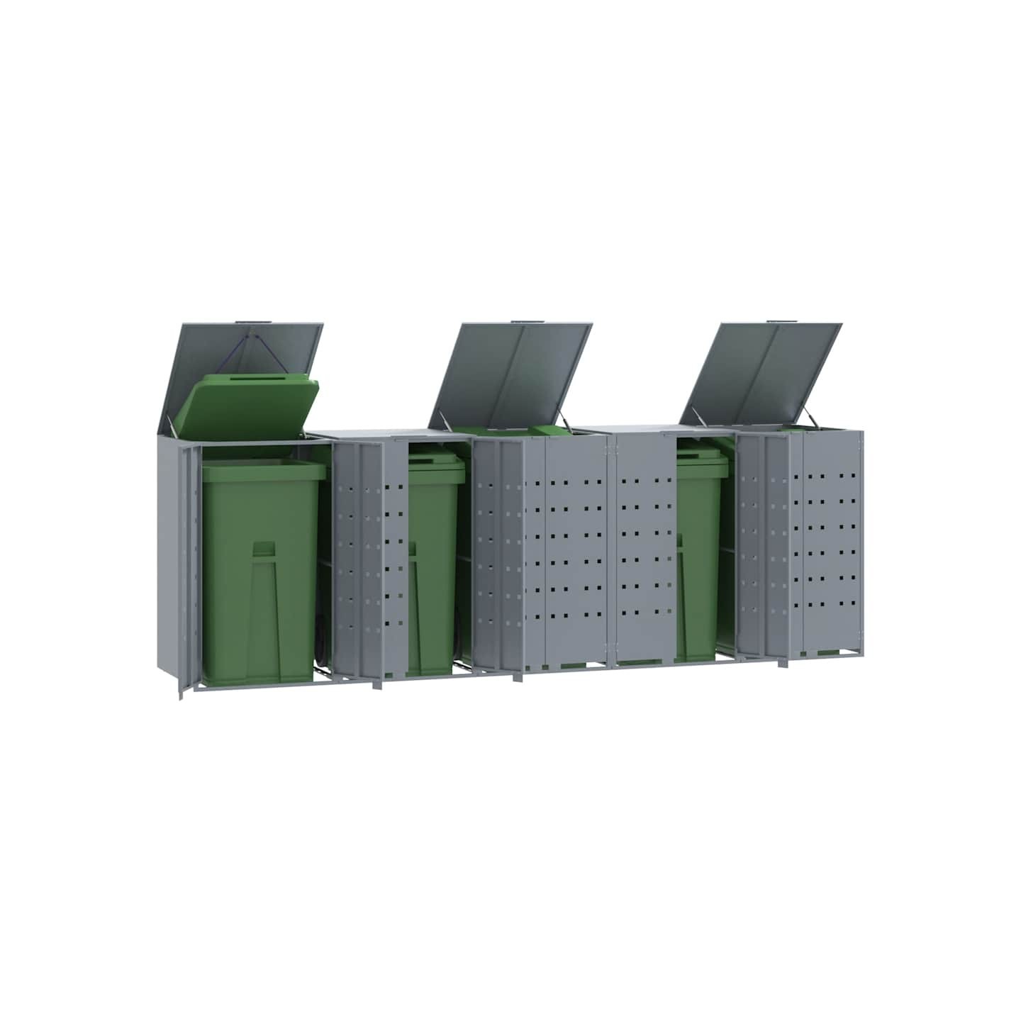Rangement à roulettes pour poubelles pour 5 bacs gris acier