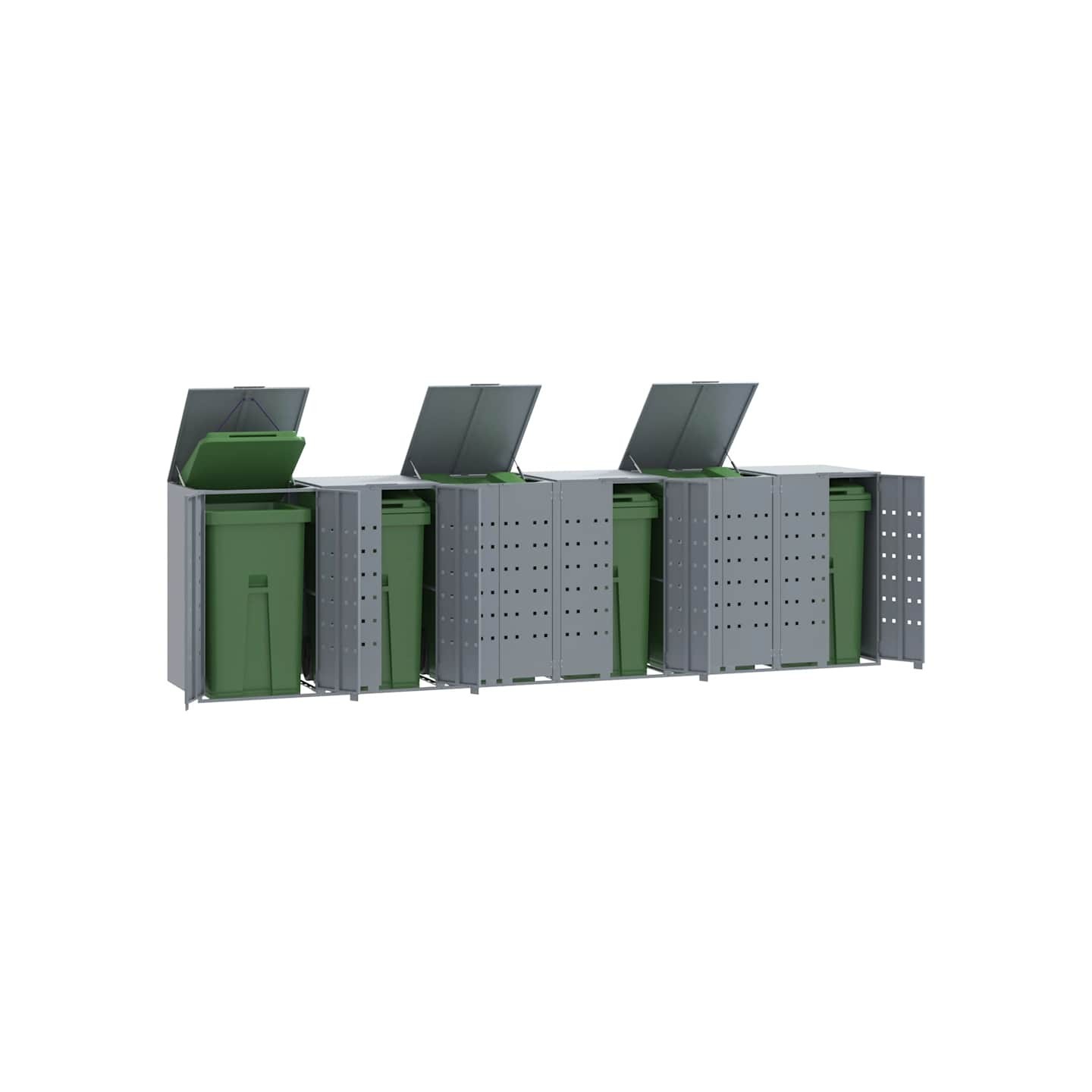 Rangement à roulettes pour poubelles pour 6 bacs gris acier