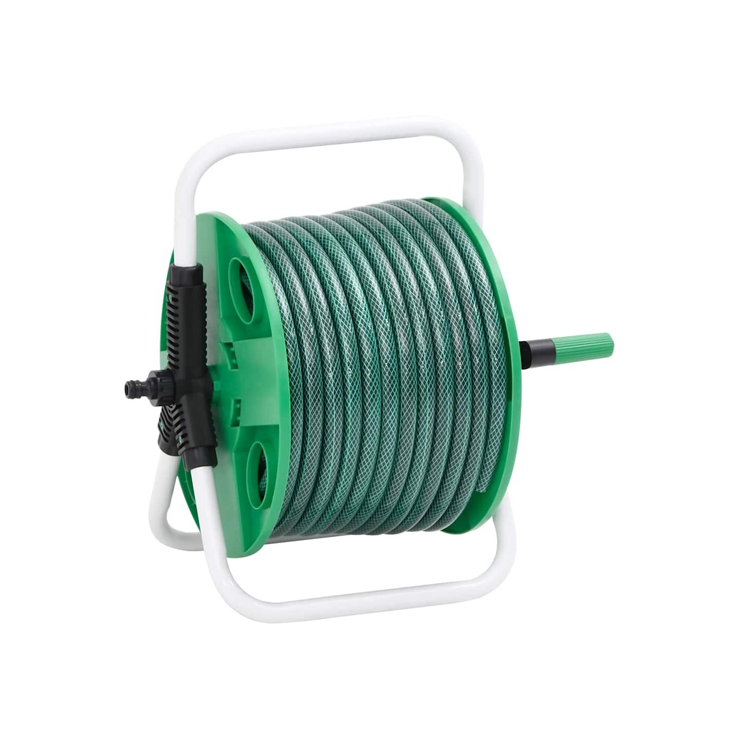 Enrouleur de tuyau vert sur pied avec jeu de raccords de tuyaux
