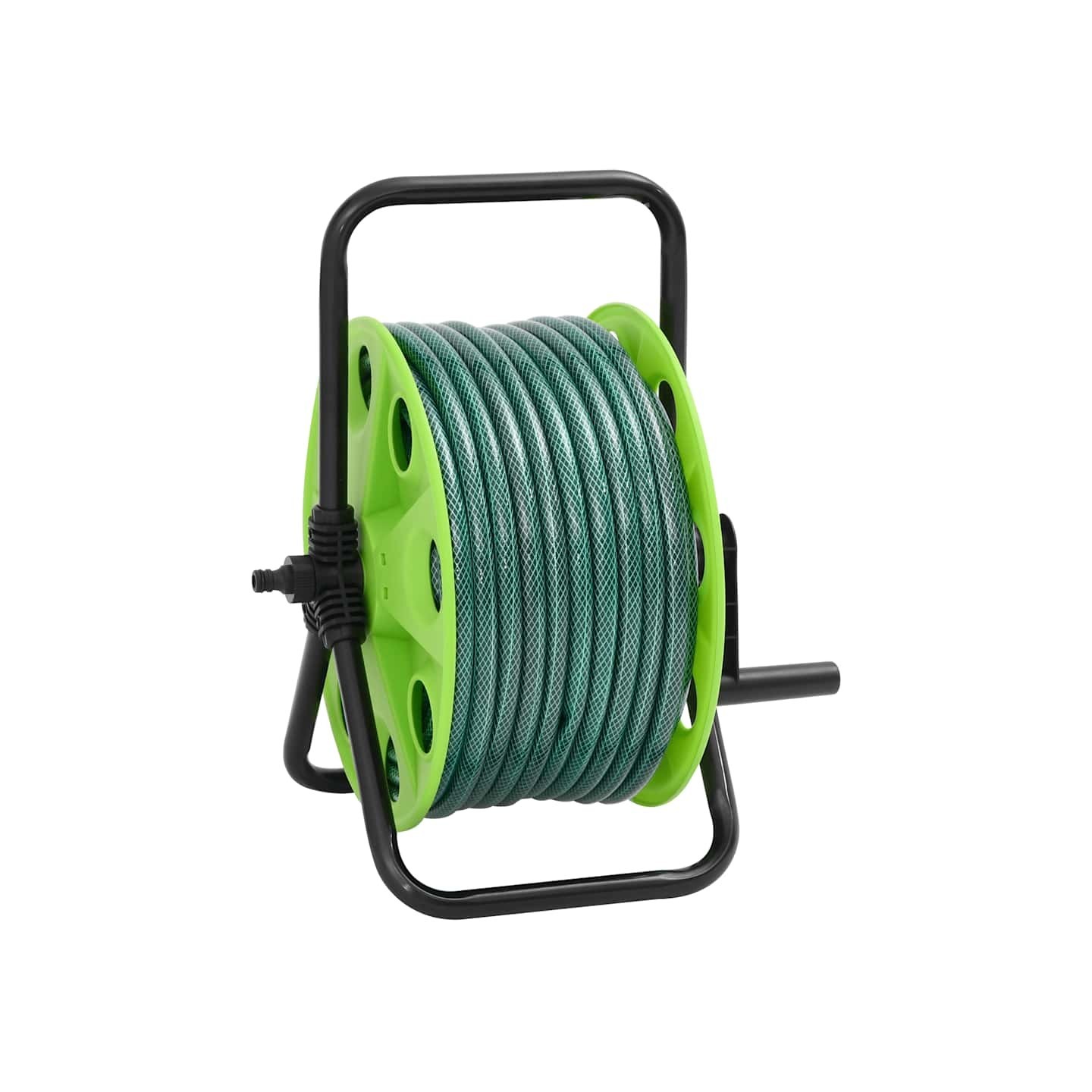Enrouleur de tuyau vert sur pied avec jeu de raccords de tuyaux