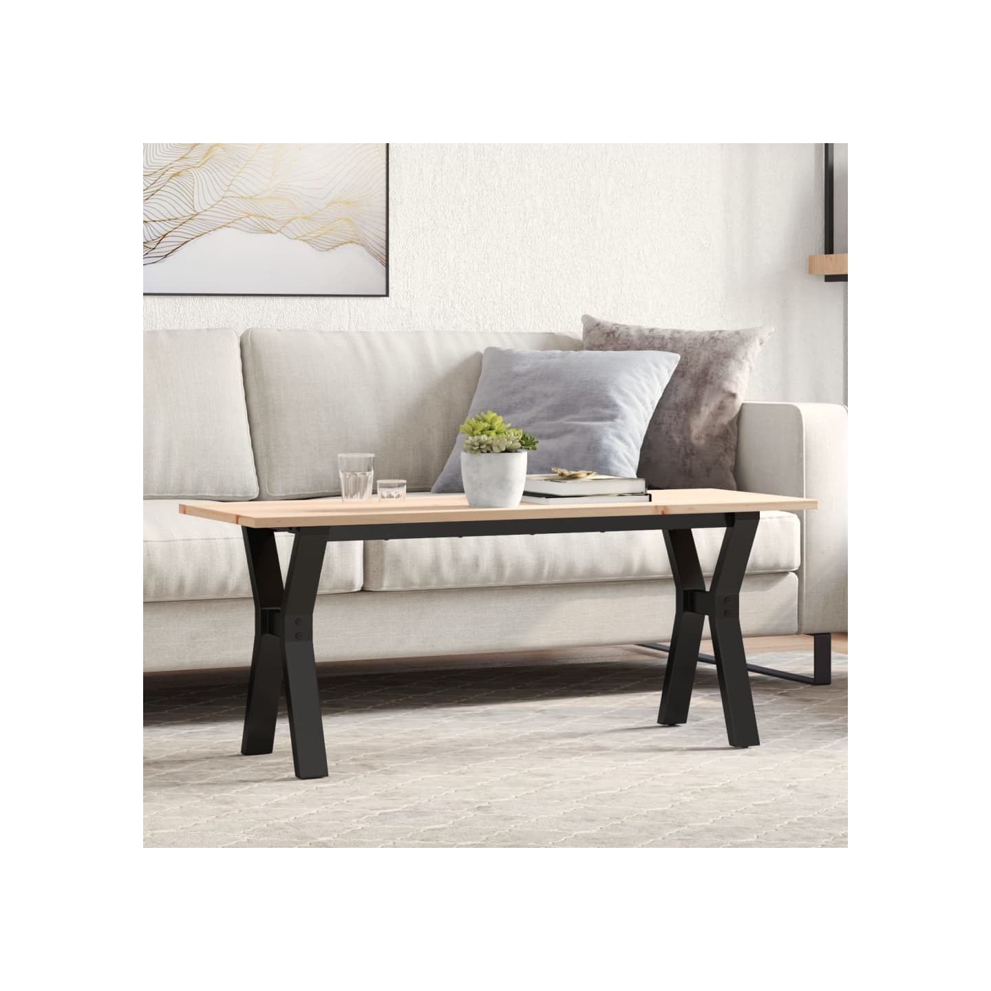 Table basse cadre en Y 110x40x45 cm bois de pin massif et acier