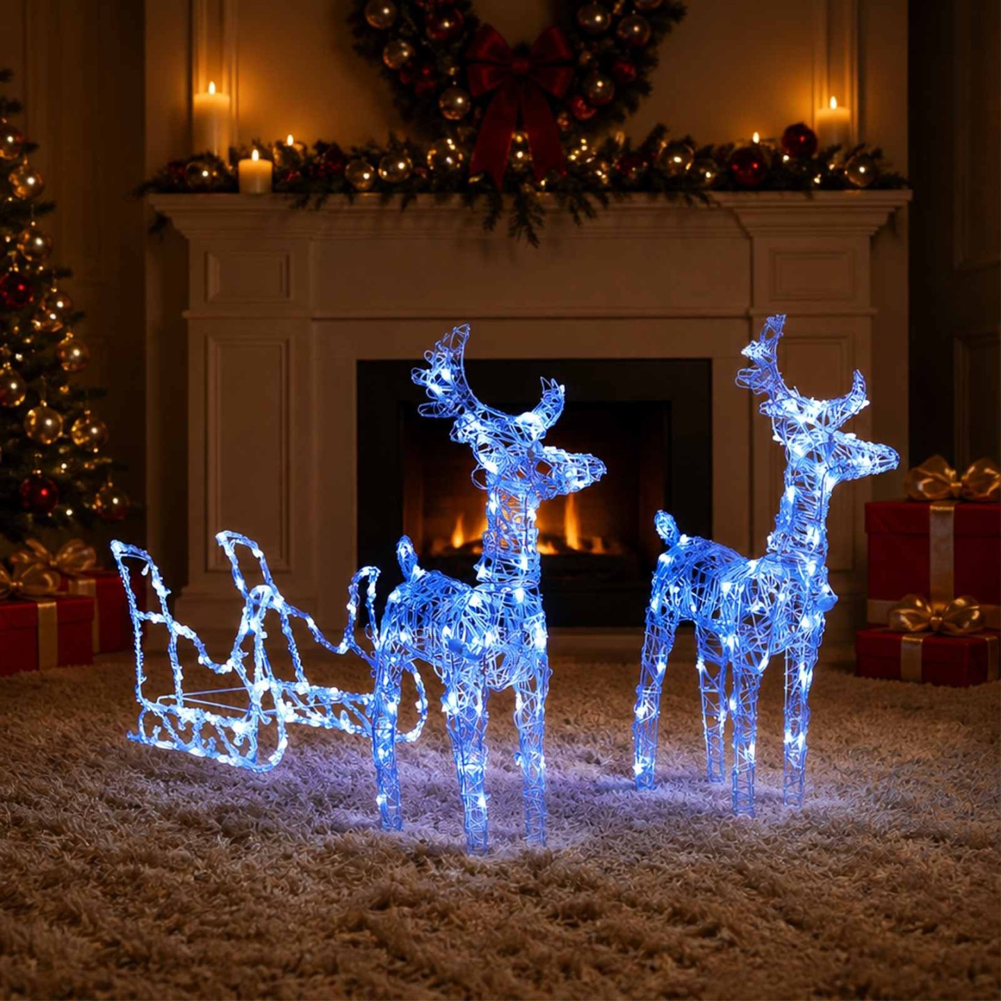 Décoration de Noël Rennes et traîneau 160 LED 130 cm Acrylique