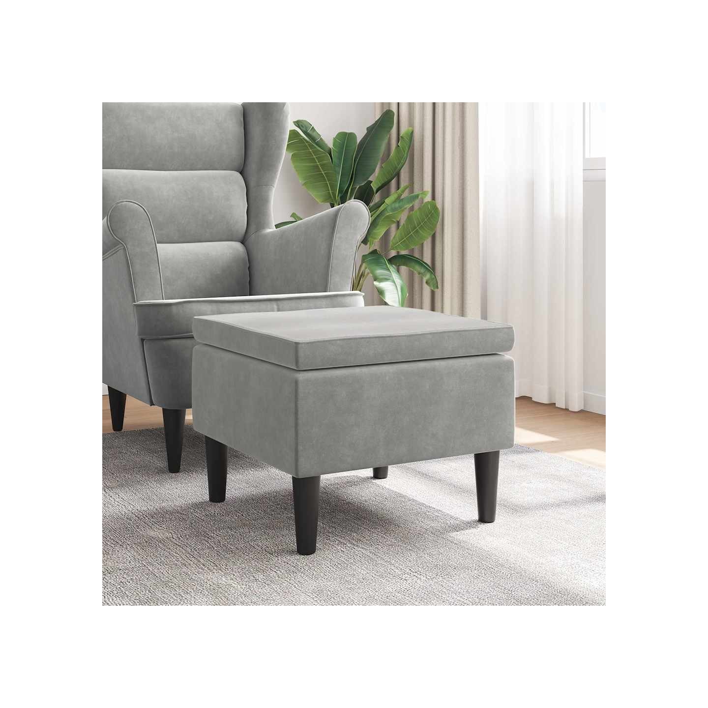 Tabouret avec pieds en bois et velours gris clair