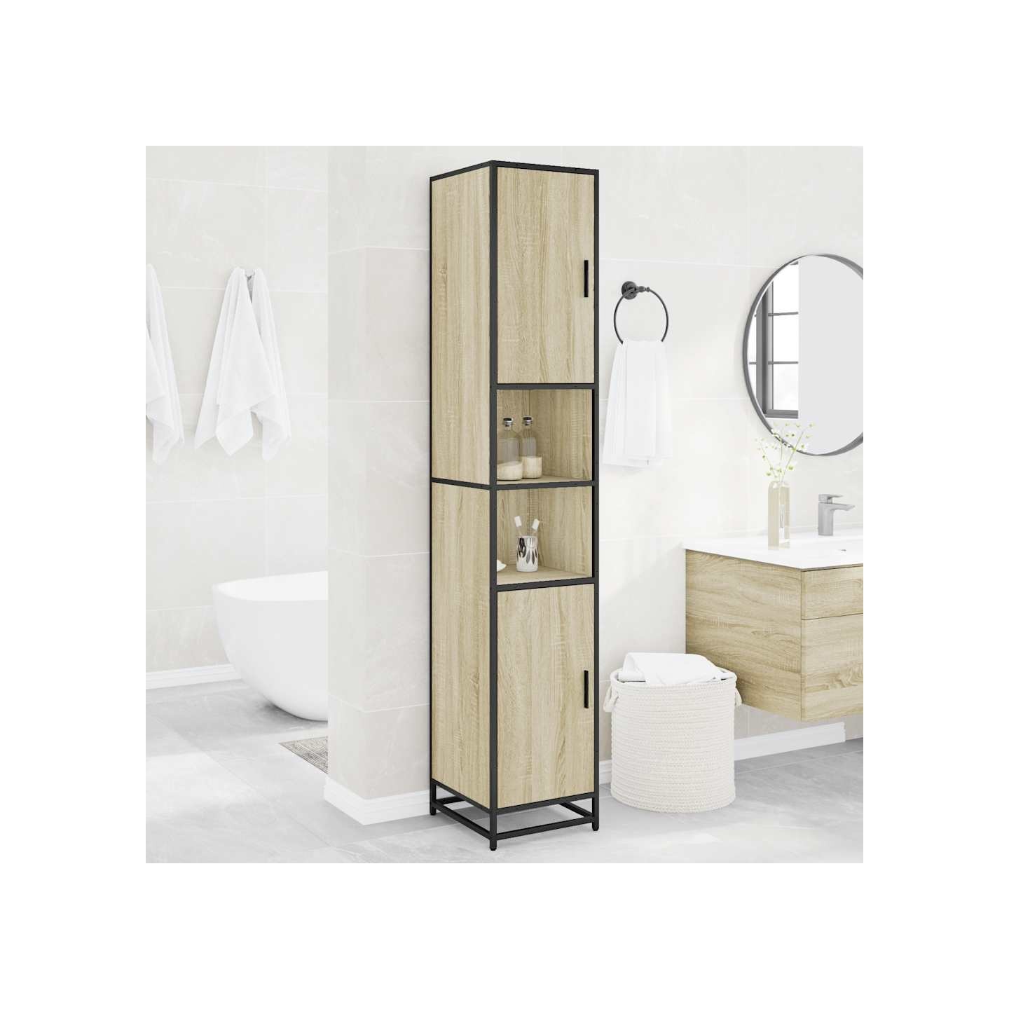 Armoire de salle de bain chêne sonoma bois d'ingénierie métal