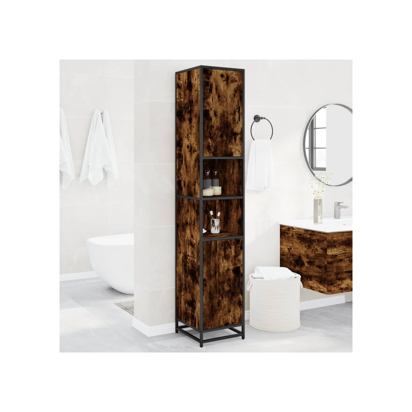 Armoire de salle de bain chêne fumé bois d'ingénierie et métal