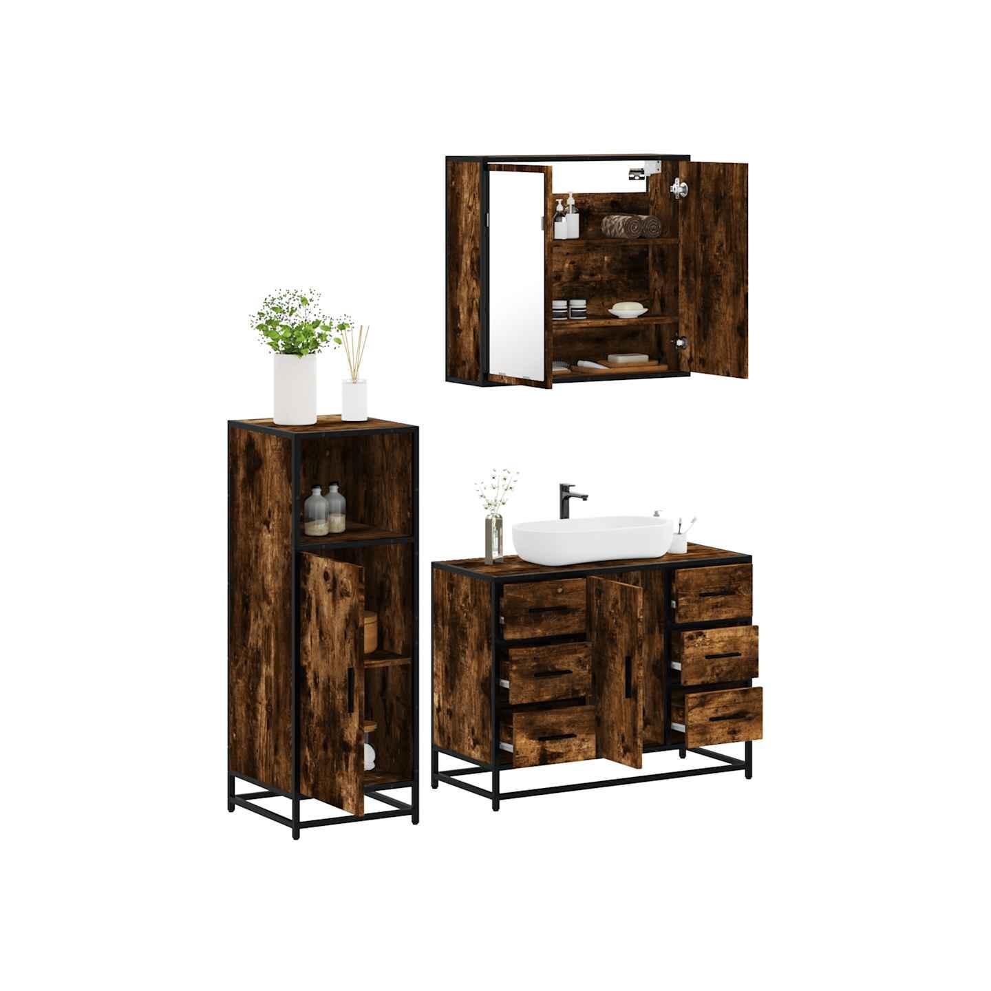 Ensemble de meubles de salle de bain 3 pcs Chêne fumé