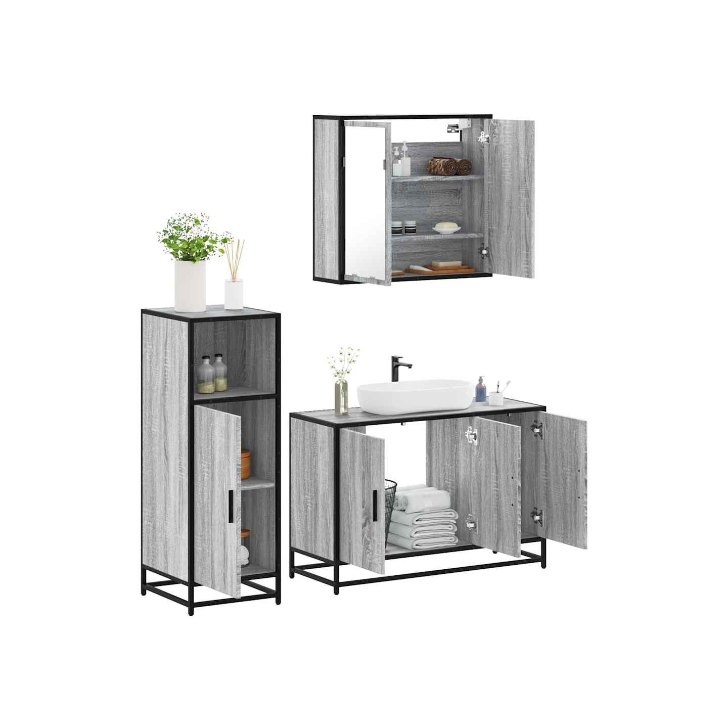 Ensemble de meubles de salle de bain 3 pcs Sonoma gris
