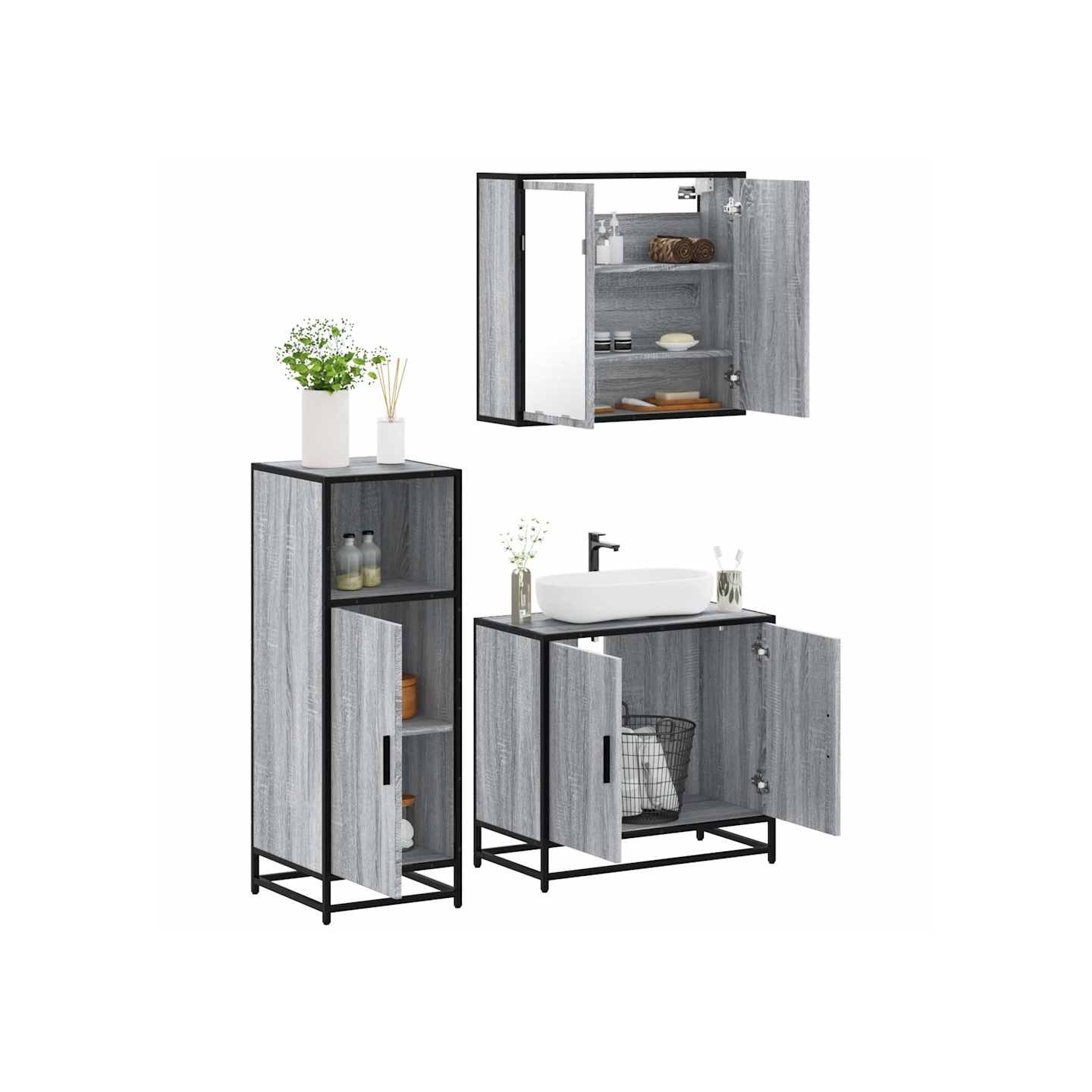 Ensemble de meubles de salle de bain 3 pcs Sonoma gris