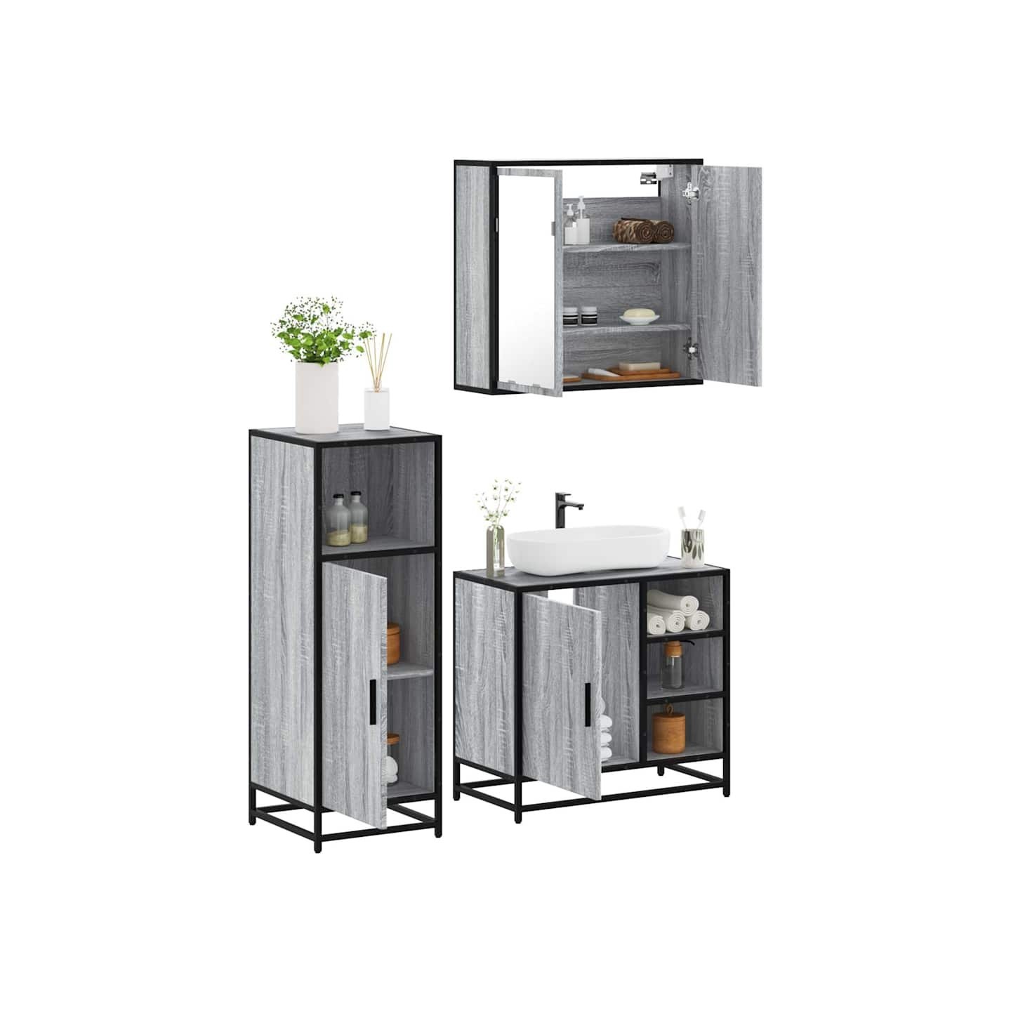 Ensemble de meubles de salle de bain 3 pcs Sonoma gris