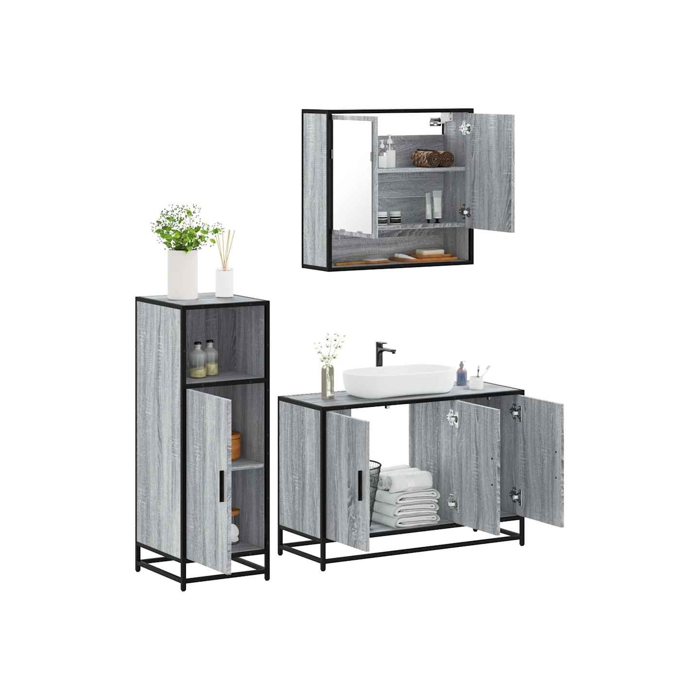 Ensemble de meubles de salle de bain 3 pcs Sonoma gris