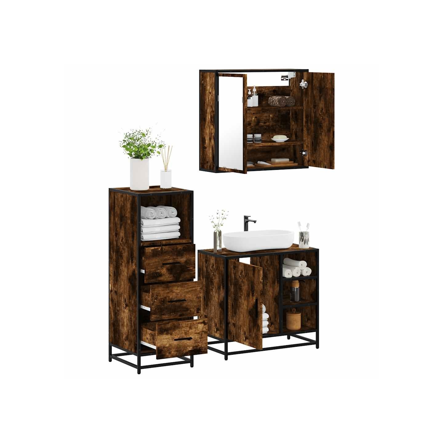 Ensemble de meubles de salle de bain 3 pcs Chêne fumé