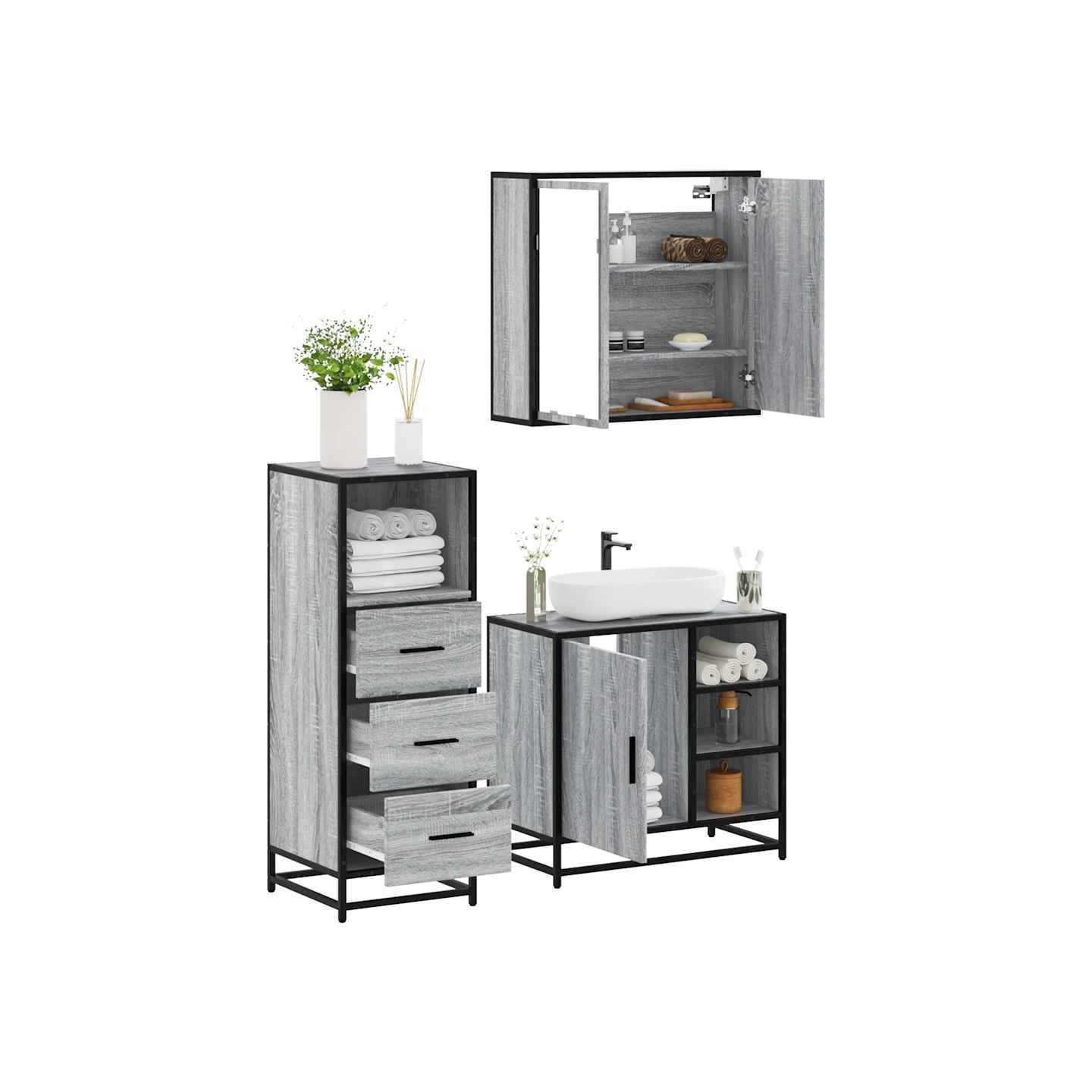 Ensemble de meubles de salle de bain 3 pcs Sonoma gris
