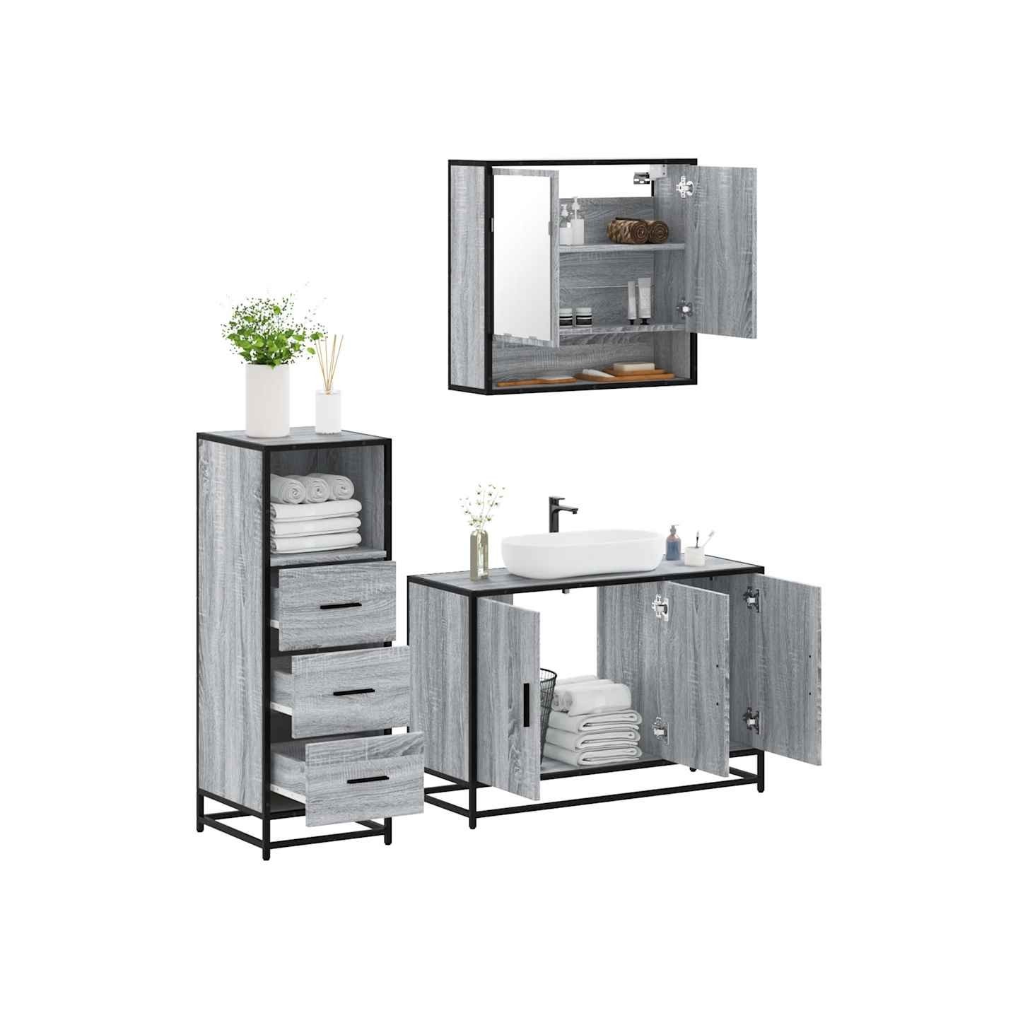 Ensemble de meubles de salle de bain 3 pcs Sonoma gris