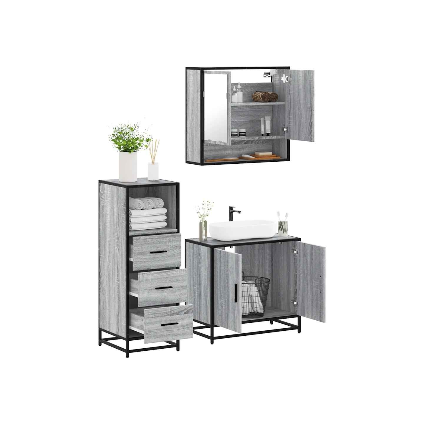 Ensemble de meubles de salle de bain 3 pcs Sonoma gris
