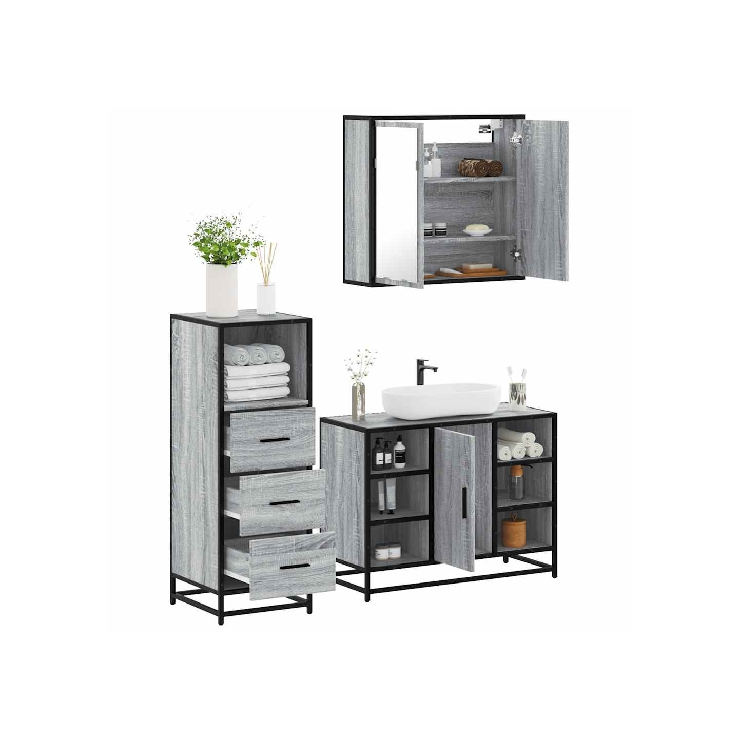 Ensemble de meubles de salle de bain 3 pcs Sonoma gris